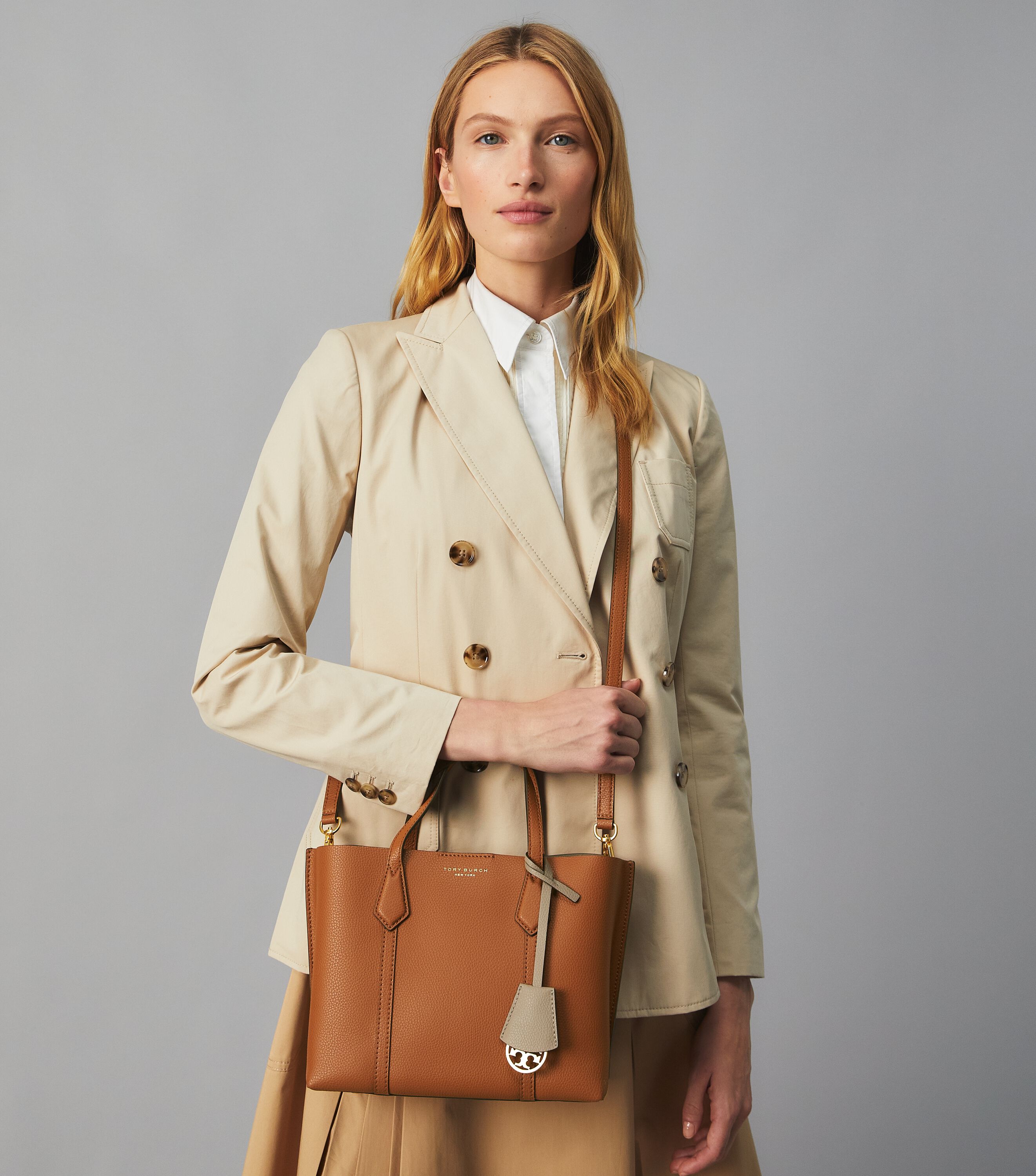 Small Perry Triple-Compartment Tote Bag, Light Umber | Tory Burch KW