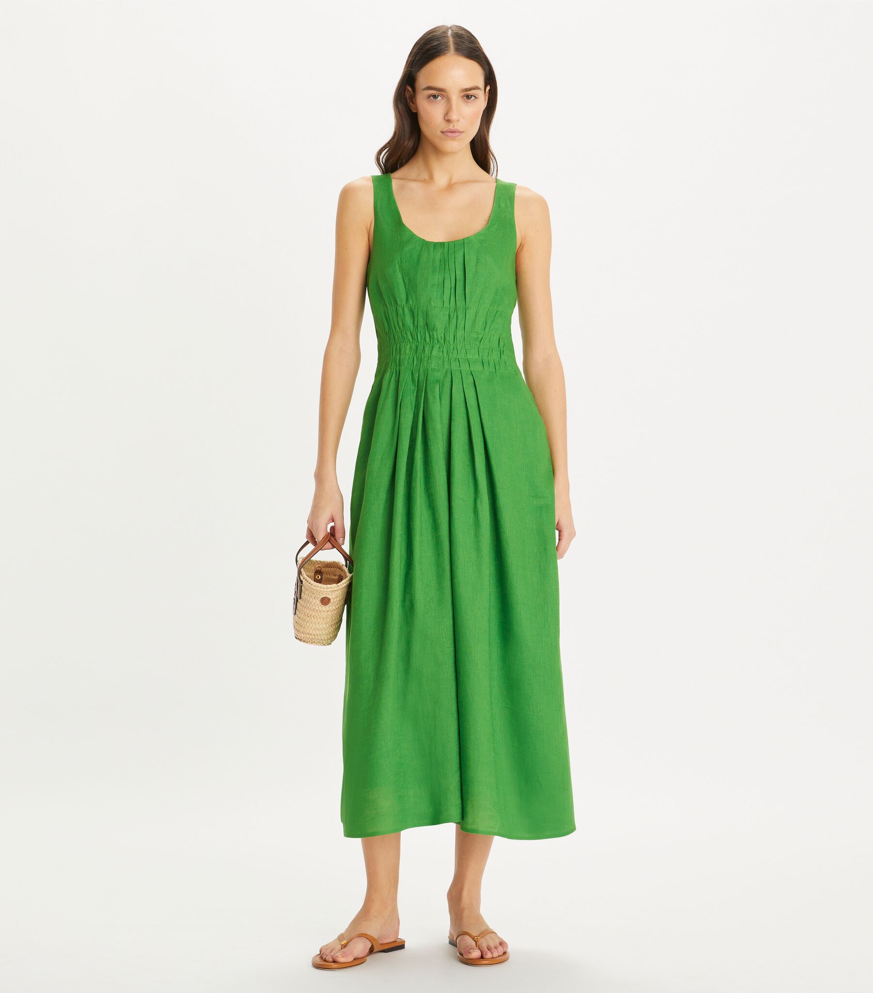 Pleated Linen Dress, Bright Leaf Green | Tory Burch KW