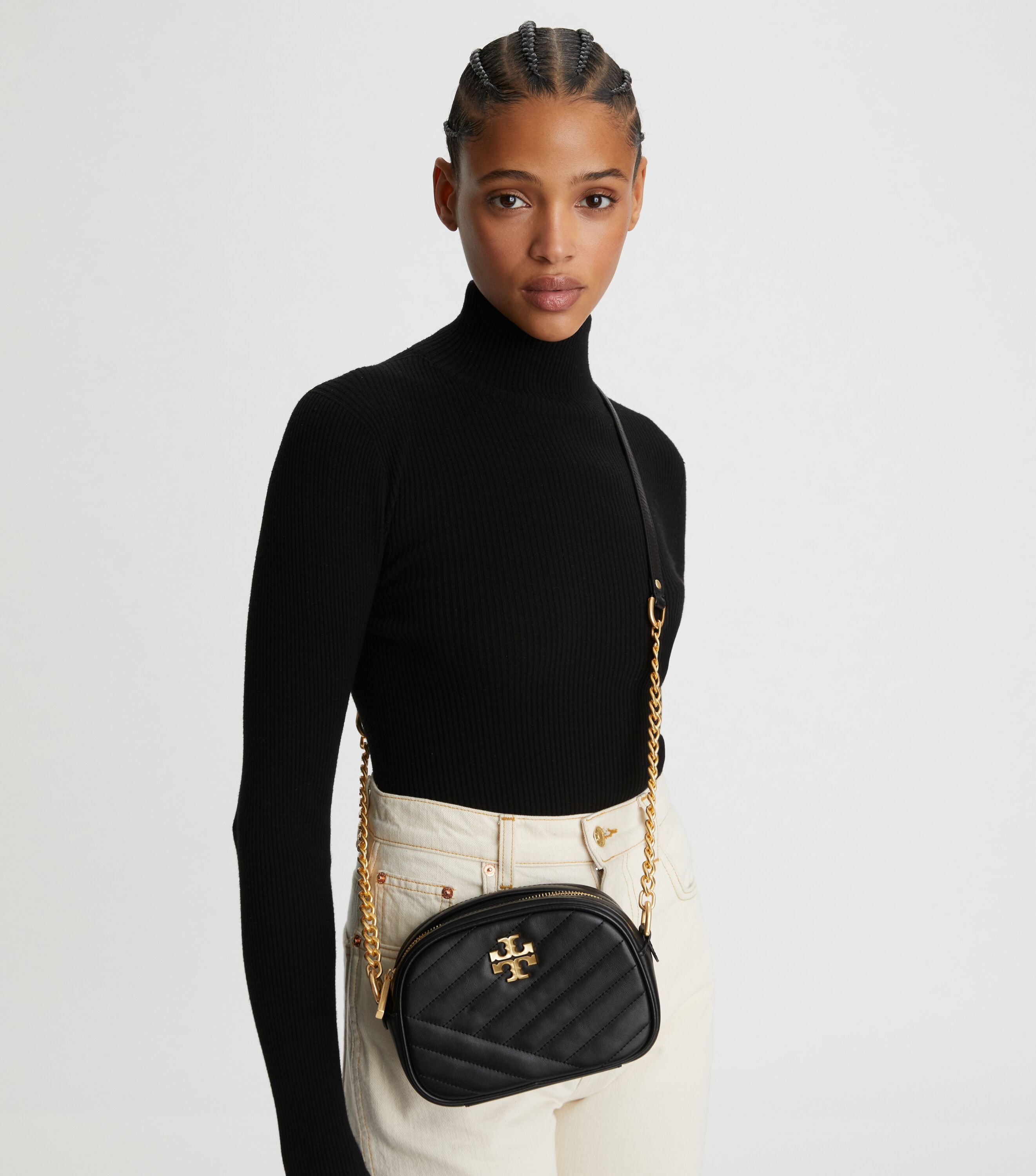 Kira Chevron Small Camera Bag, Black / Rolled Brass | Tory Burch KW