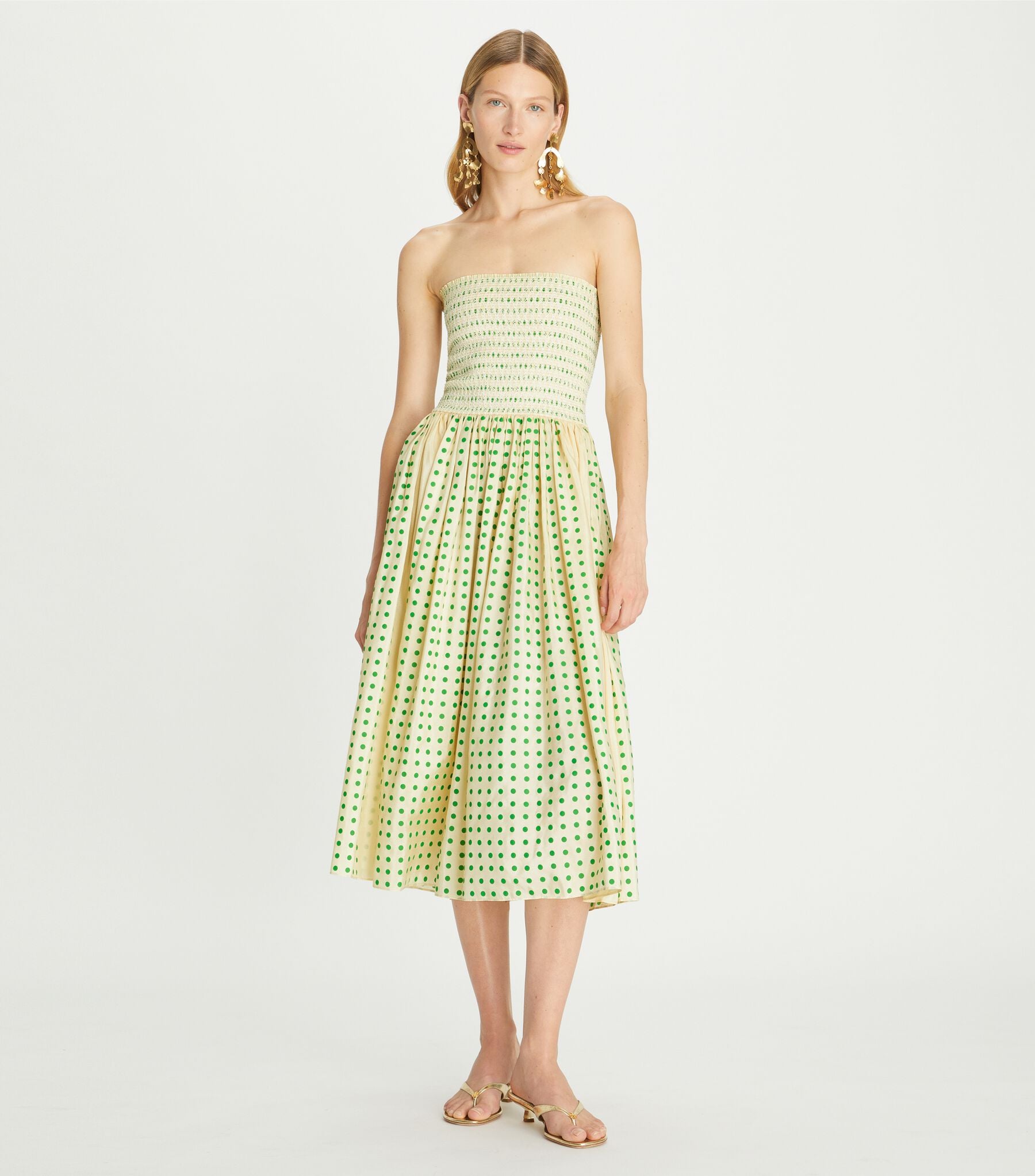 Printed Silk Strapless Dress, GREEN POLKA DOT | Tory Burch KW