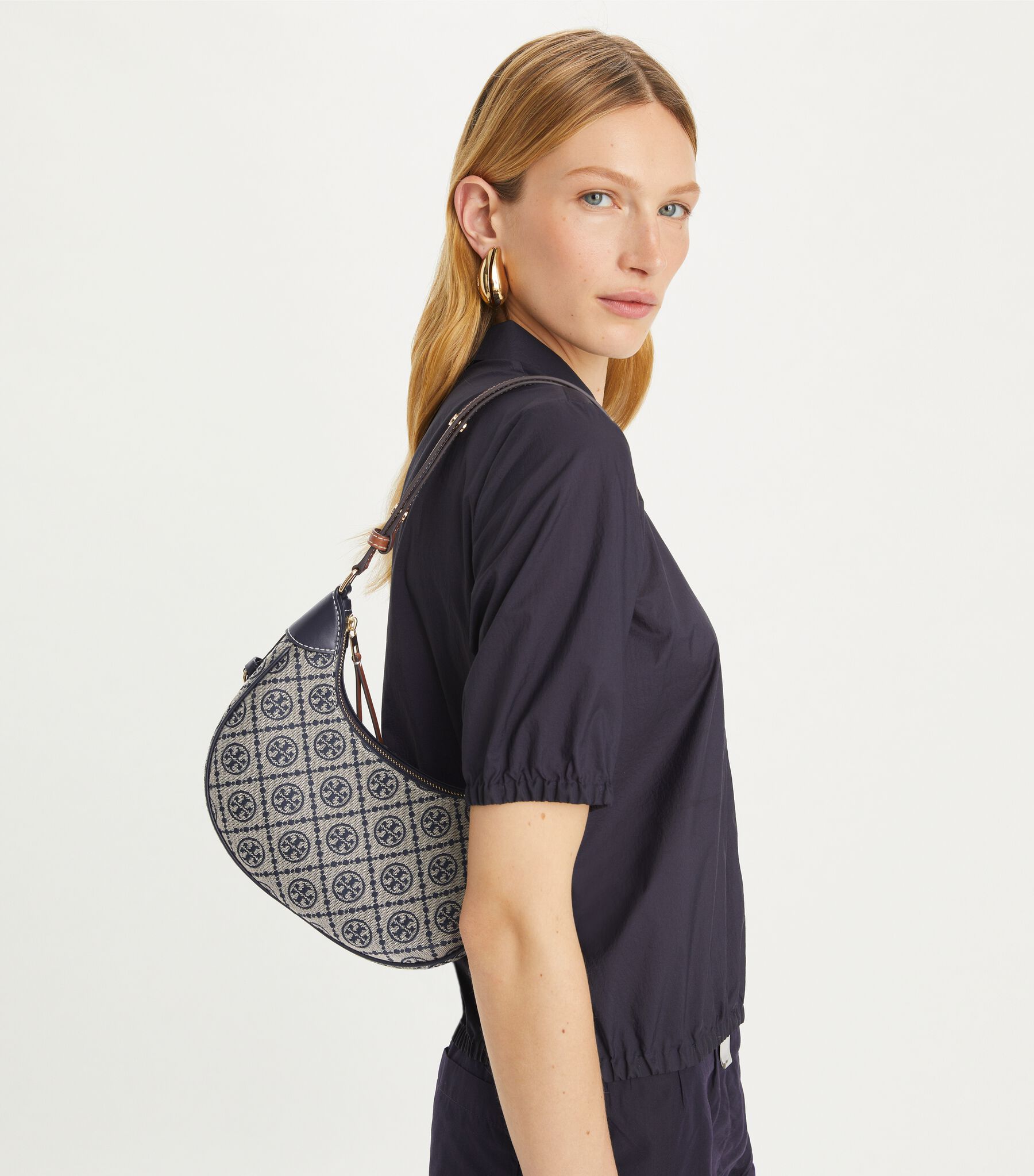 T Monogram Crescent Bag, Tory Navy | Tory Burch KW