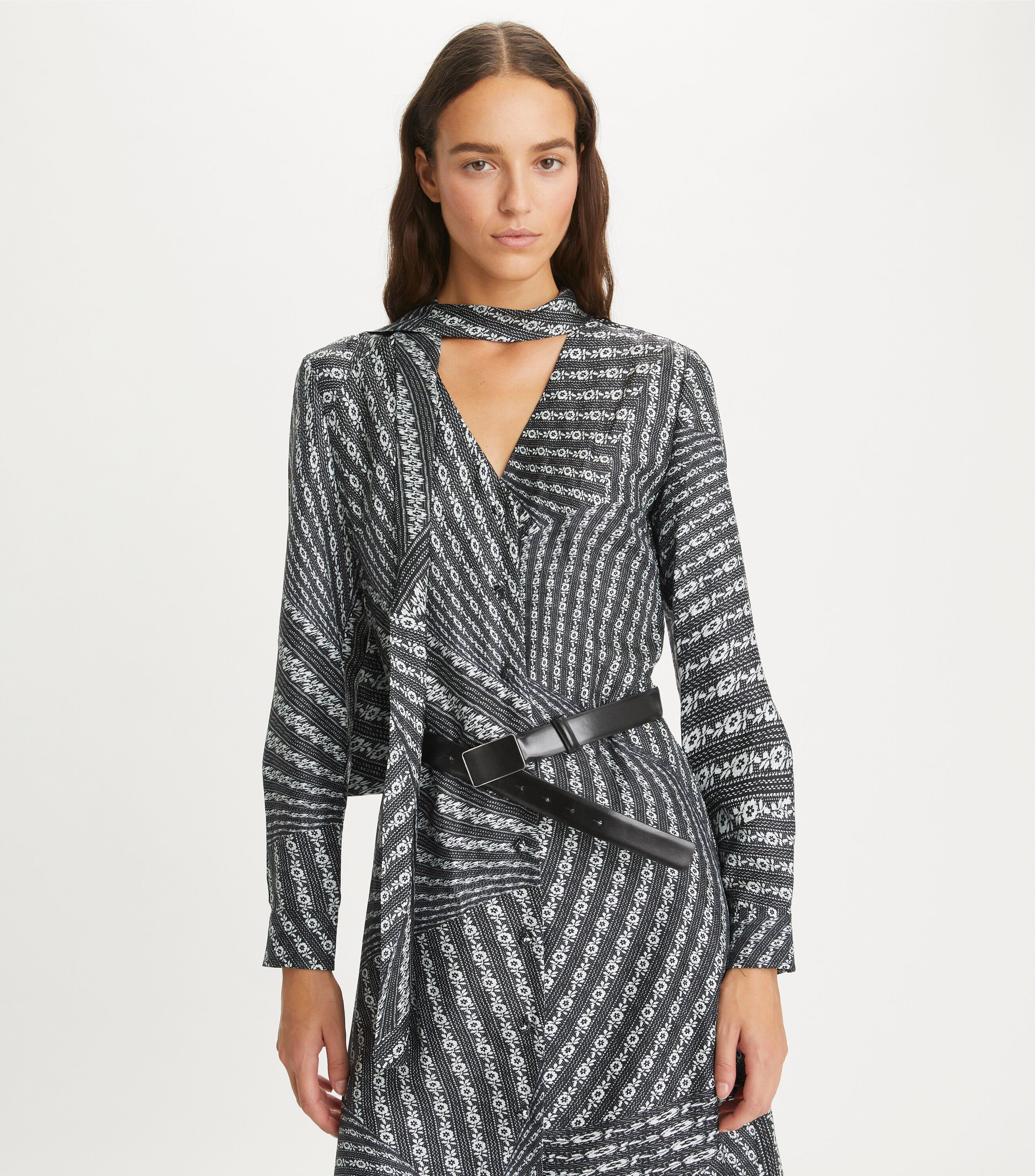 シルクリボンワンピース★Tory Burch★PRINTED BOW BLOUSE DRESS Printed Bow Blouse Dress, Black Warped Lace | Tory Burch KW