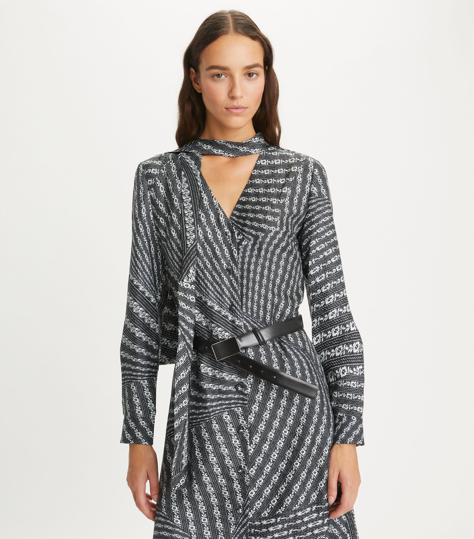 Printed Bow Blouse Dress, Black Warped Lace | Tory Burch KW