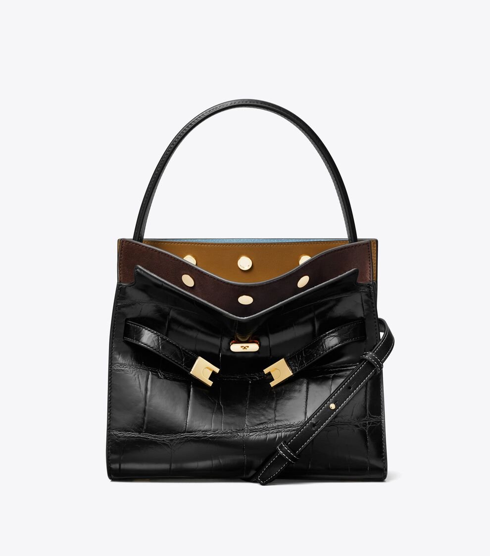 Small Lee Radziwill Croc-Embossed Double Bag, Black Tory Burch KW