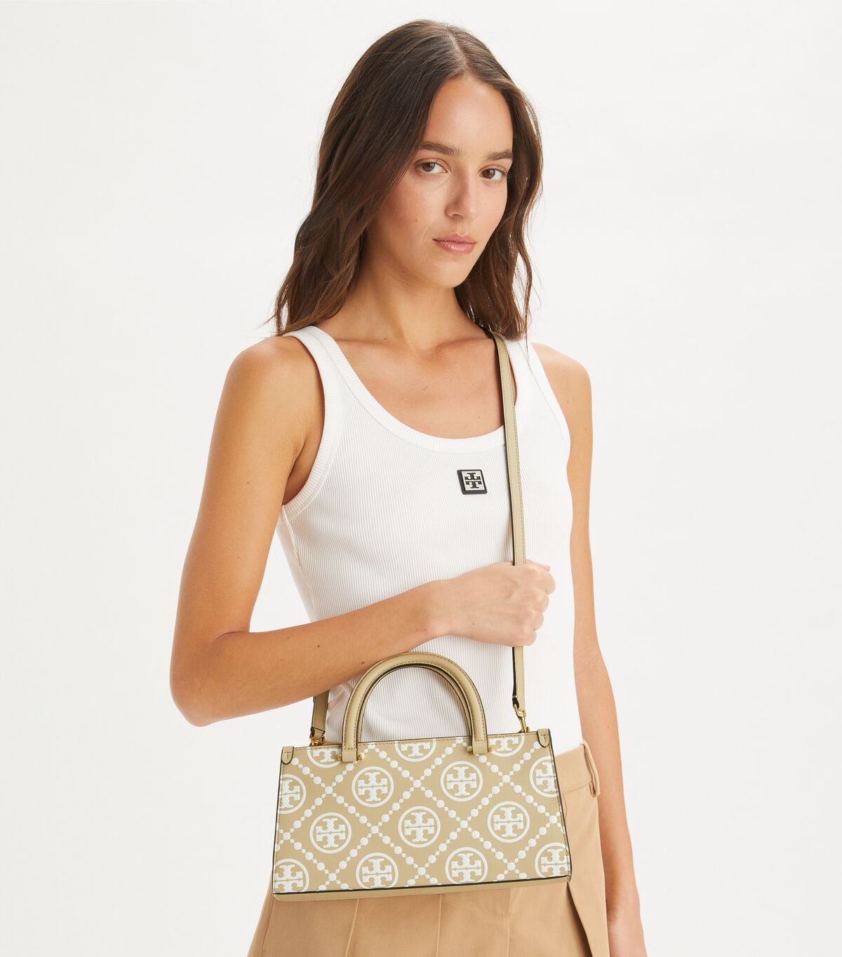tory burch t monogram contrast embossed small east west tote