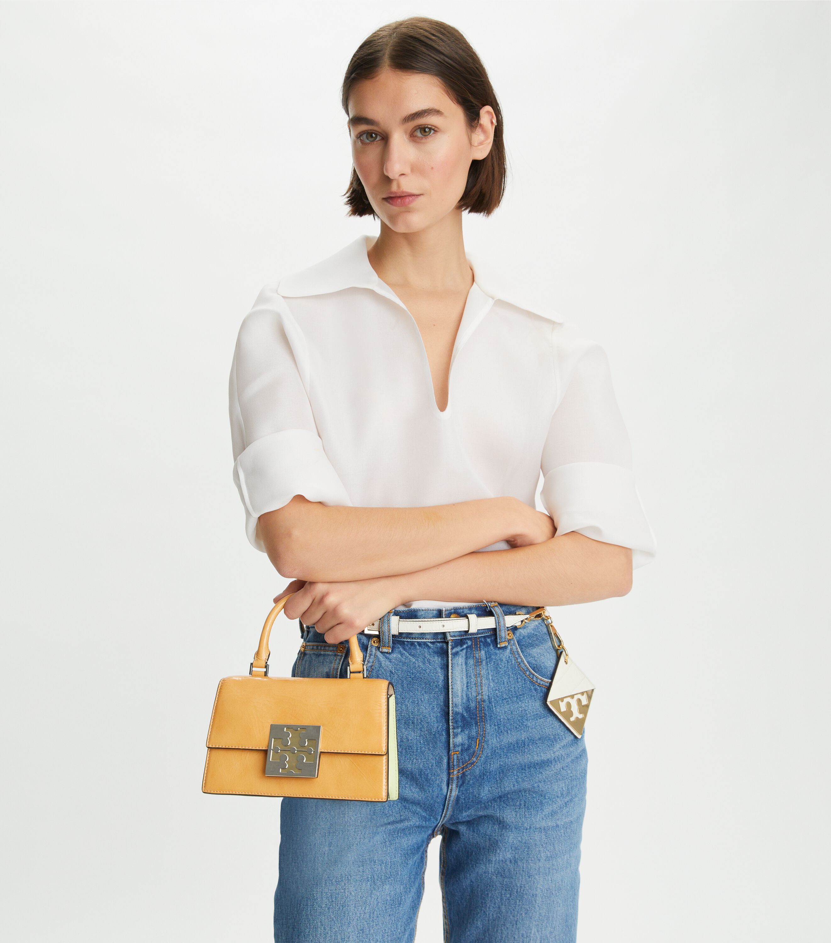 Bon Bon Textured Patent Mini Top-Handle Bag, English Ochre | Tory