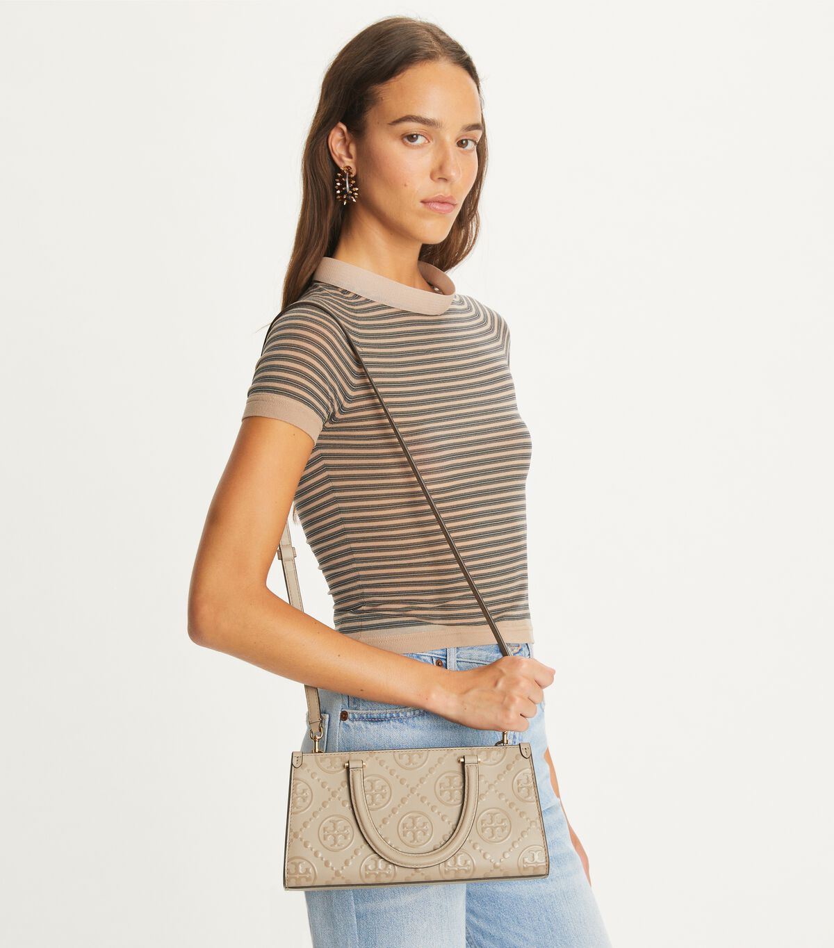 tory burch t monogram embossed small rectangular tote