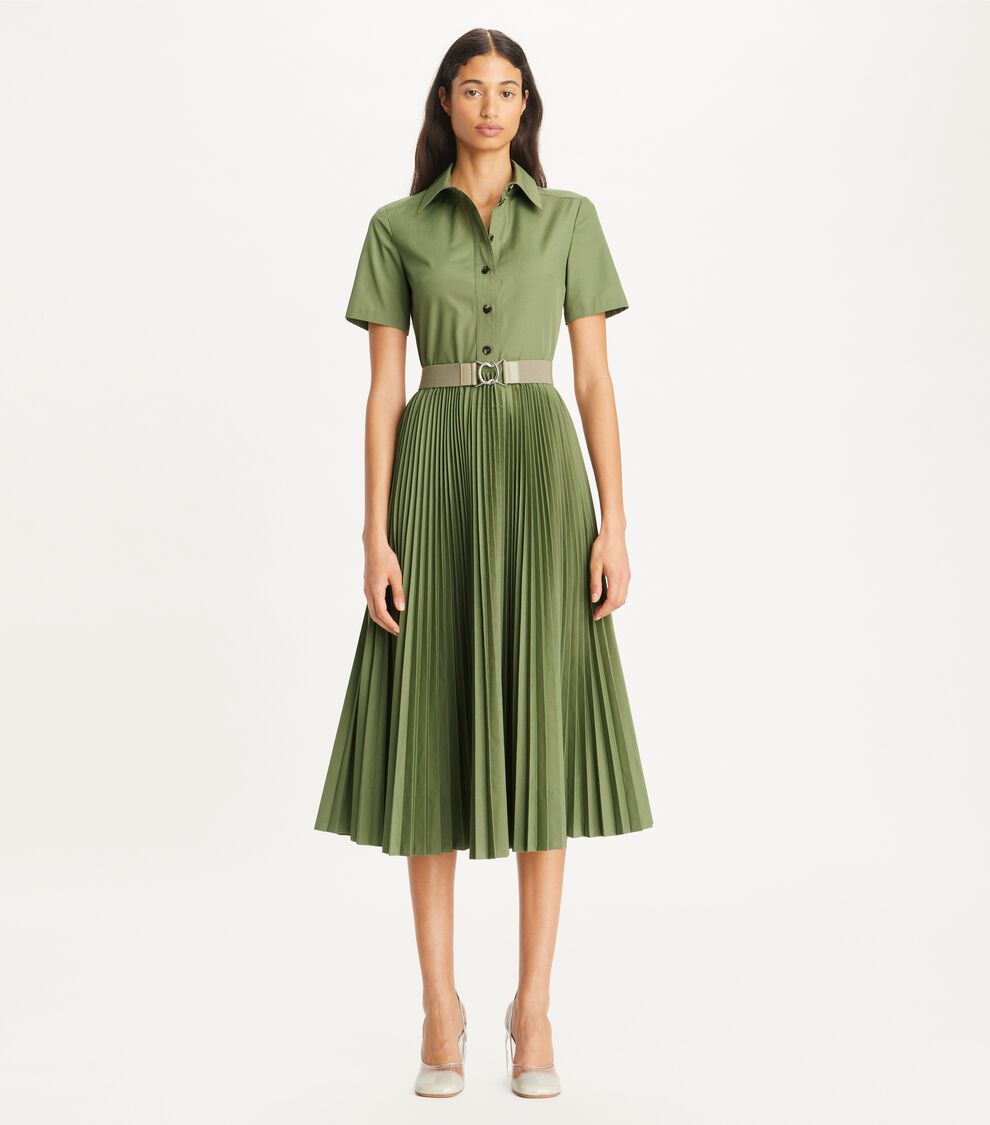 Poplin Pleated Shirtdress, Eucalyptus Leaf | Tory Burch KW