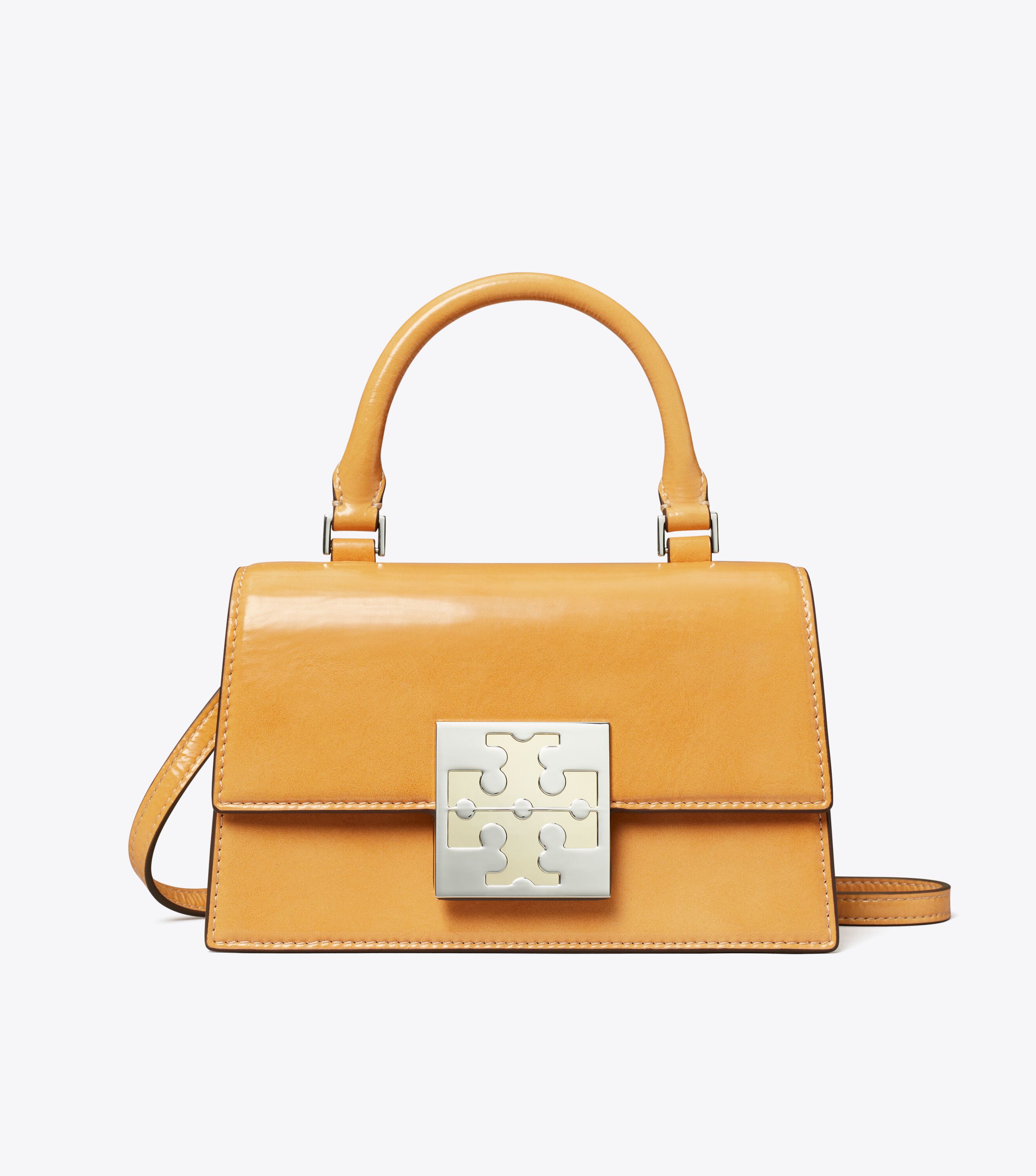 Bon Bon Textured Patent Mini Top-Handle Bag, English Ochre | Tory