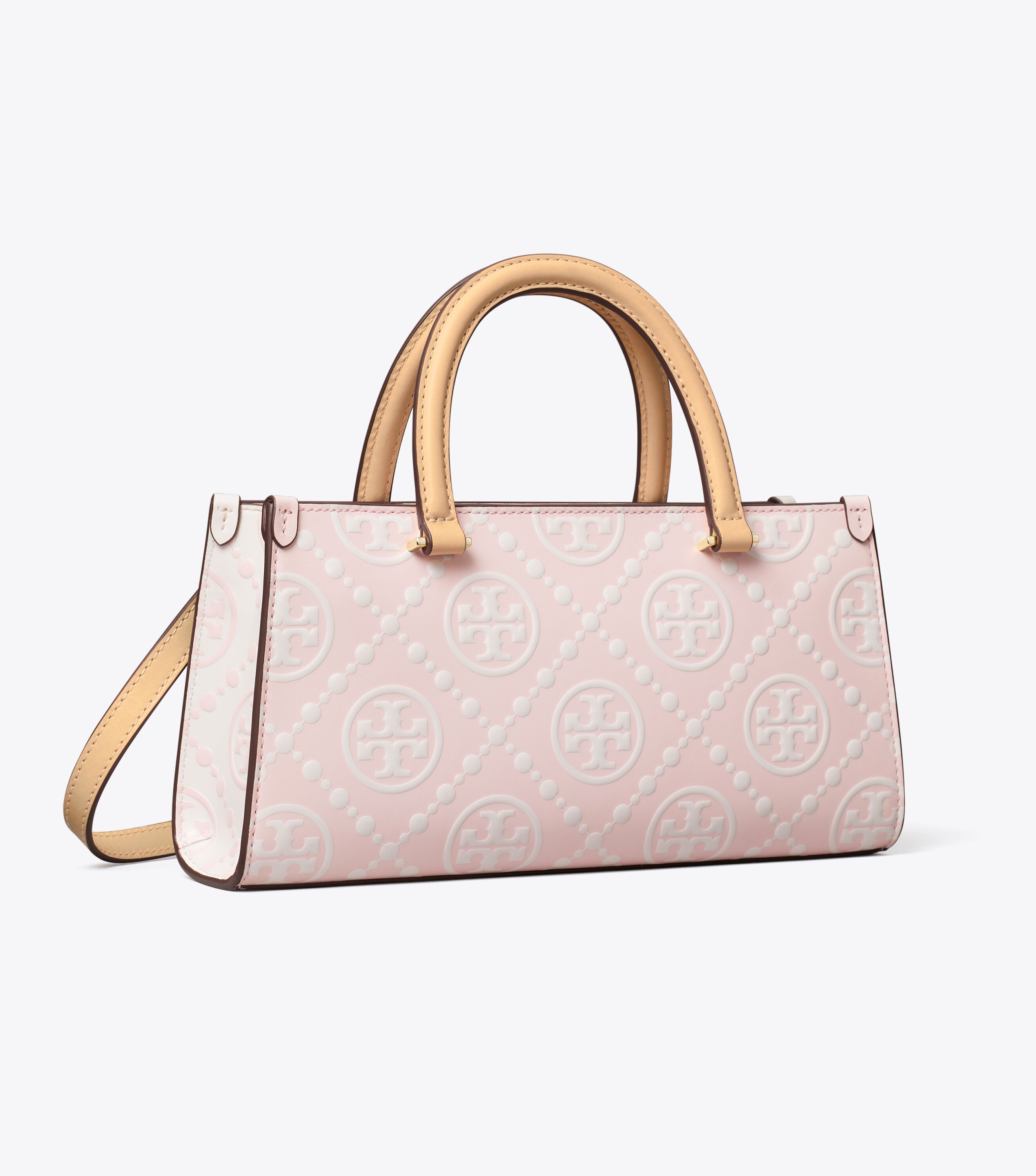 T Monogram Contrast Embossed Small East-West Tote, Powder