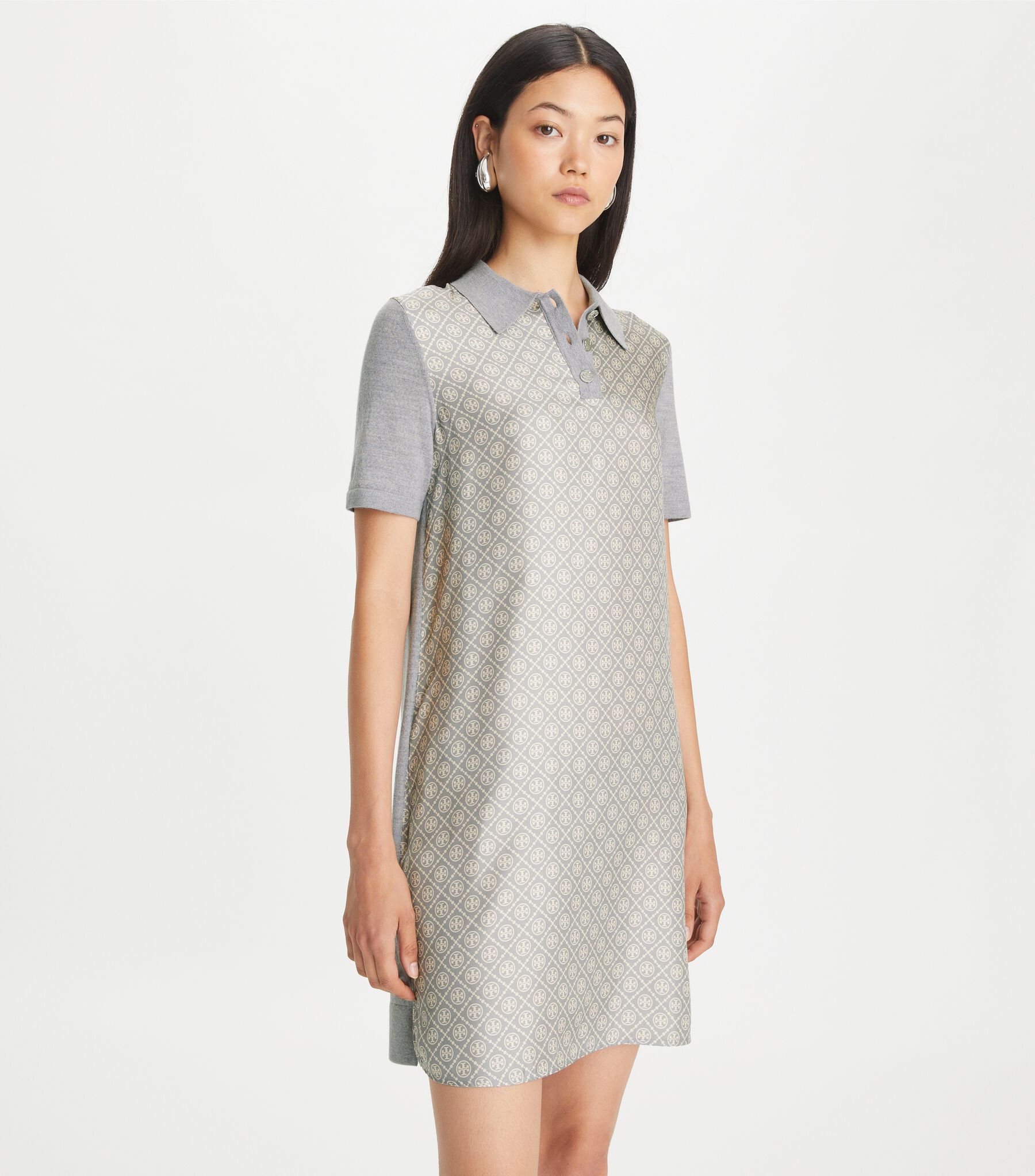 tory burch printed silk polo dress Silk Front Polo Dress, Shadow Gray Melange T Monogram Mini