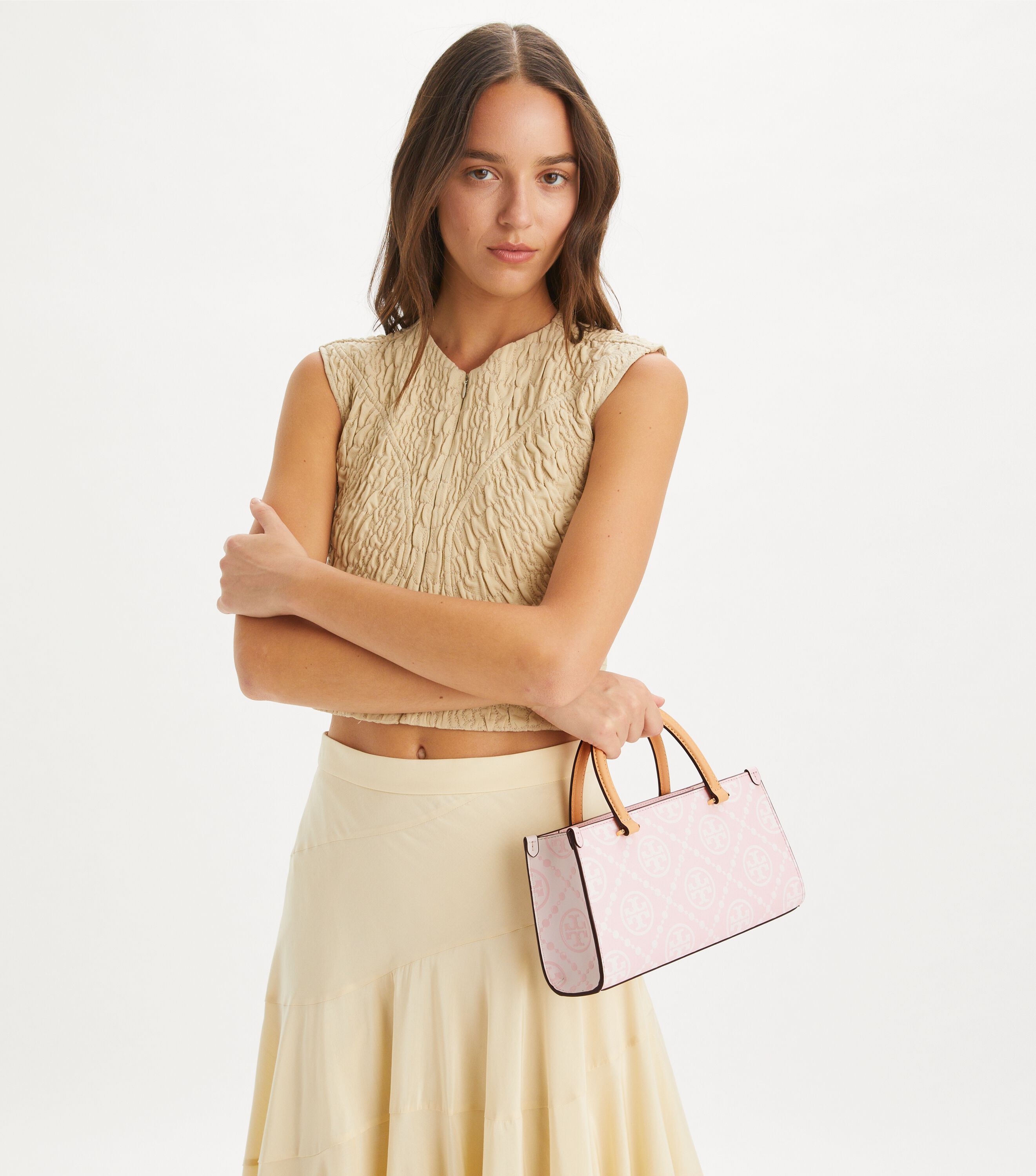 T Monogram Contrast Embossed Small East-West Tote, Powder Pink