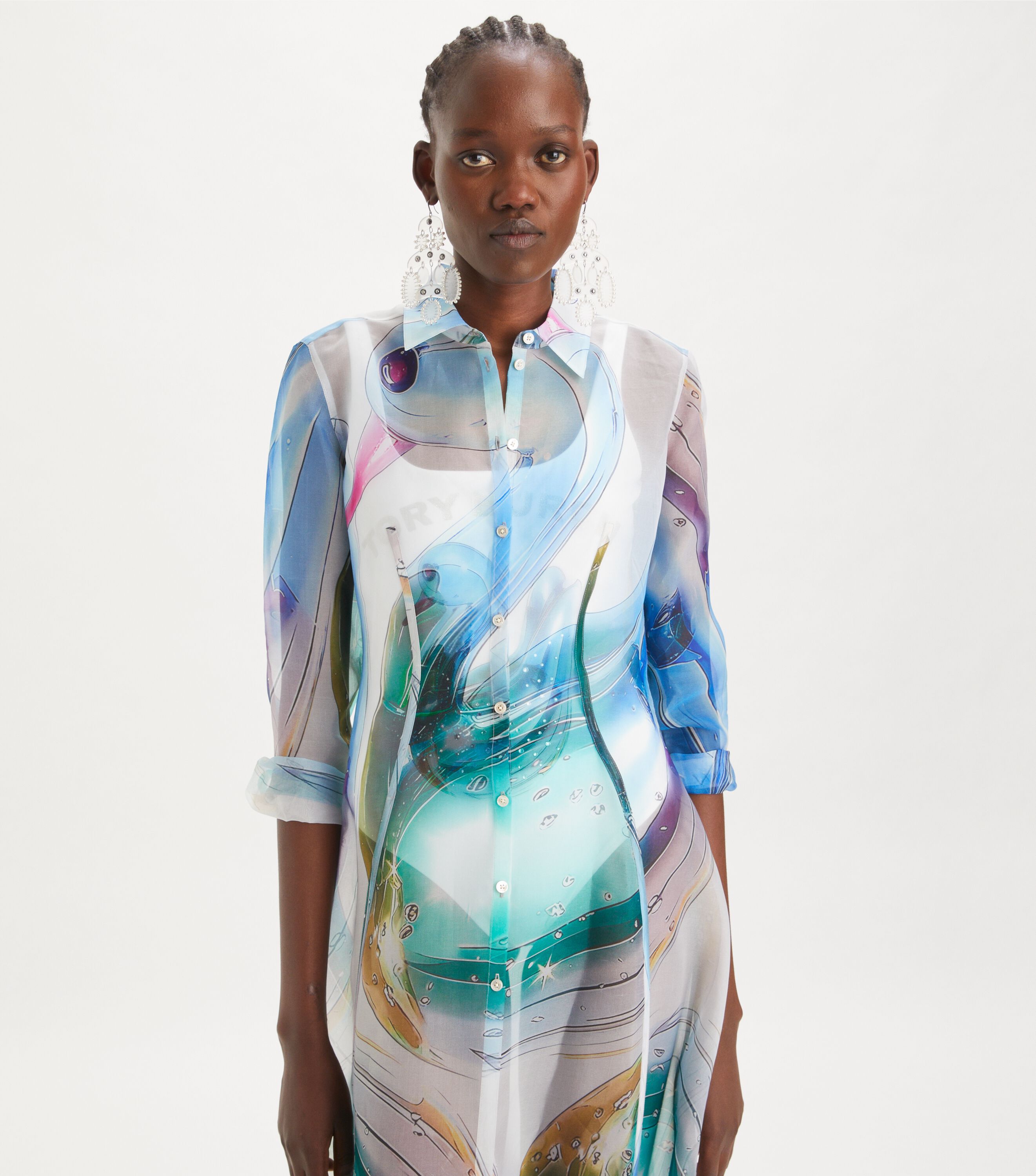 Silk Organza Shirtdress, Blue Glass Swan Large | Tory Burch KW