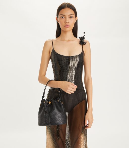 tory burch t monogram leather bucket bag