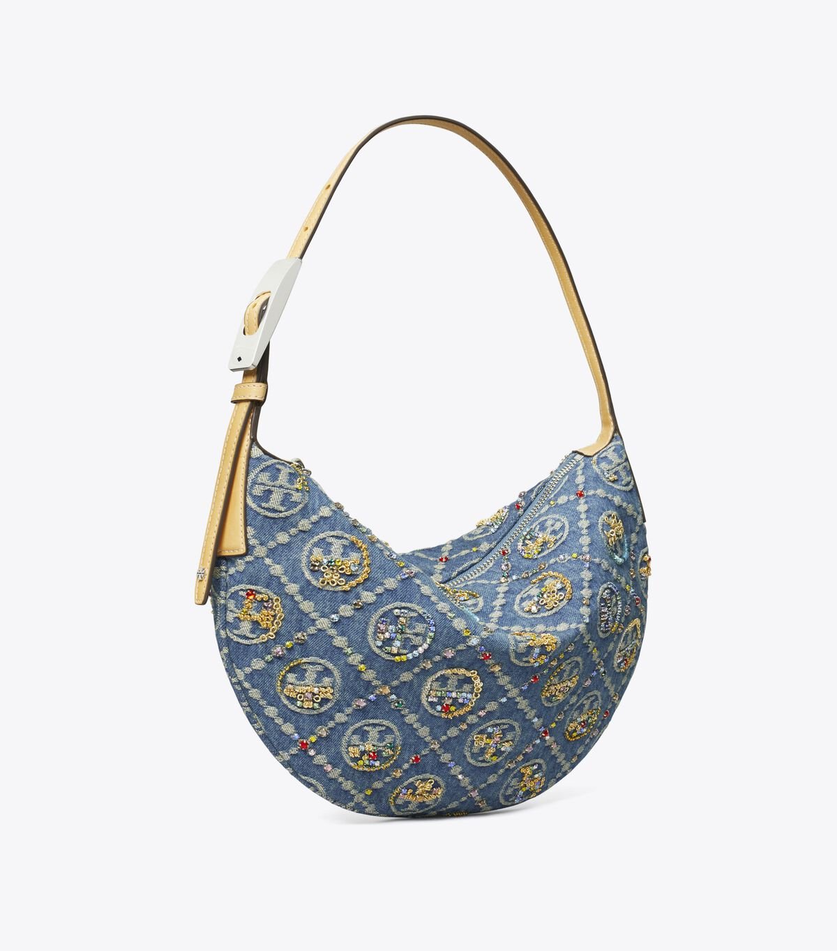 T Monogram Denim Embellished Small Balloon Bag tory burch t monogram denim embellished small balloon bag