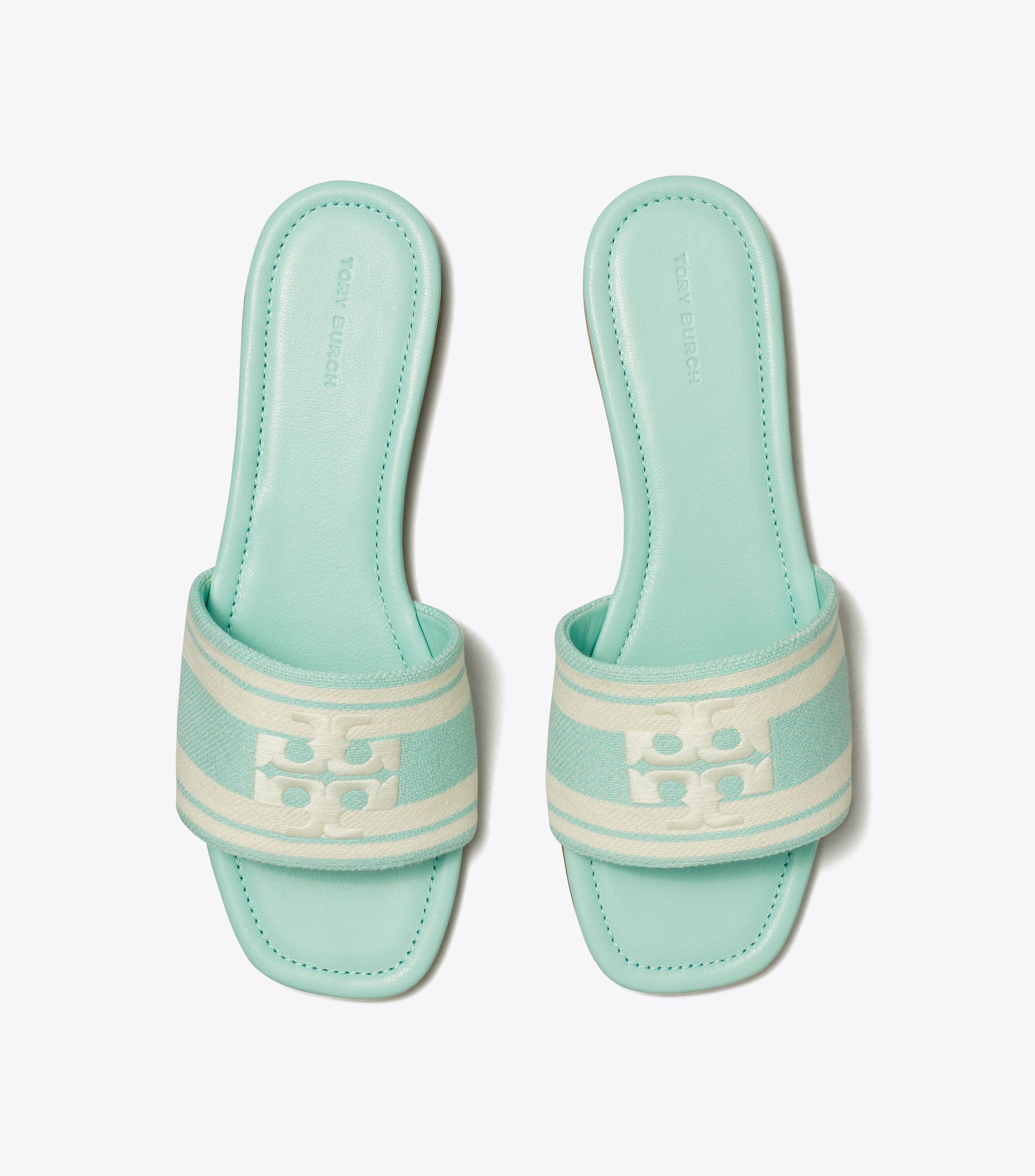 【関税&送料込】Tory Burch Slider Double T Jacquard Slide, Light Aqua / Ash White | Tory Burch KW