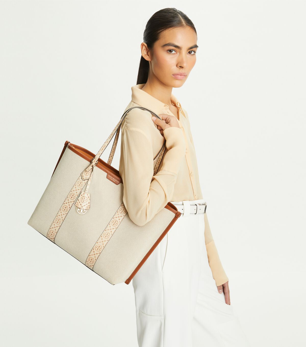tory burch perry canvas triple compartment tote