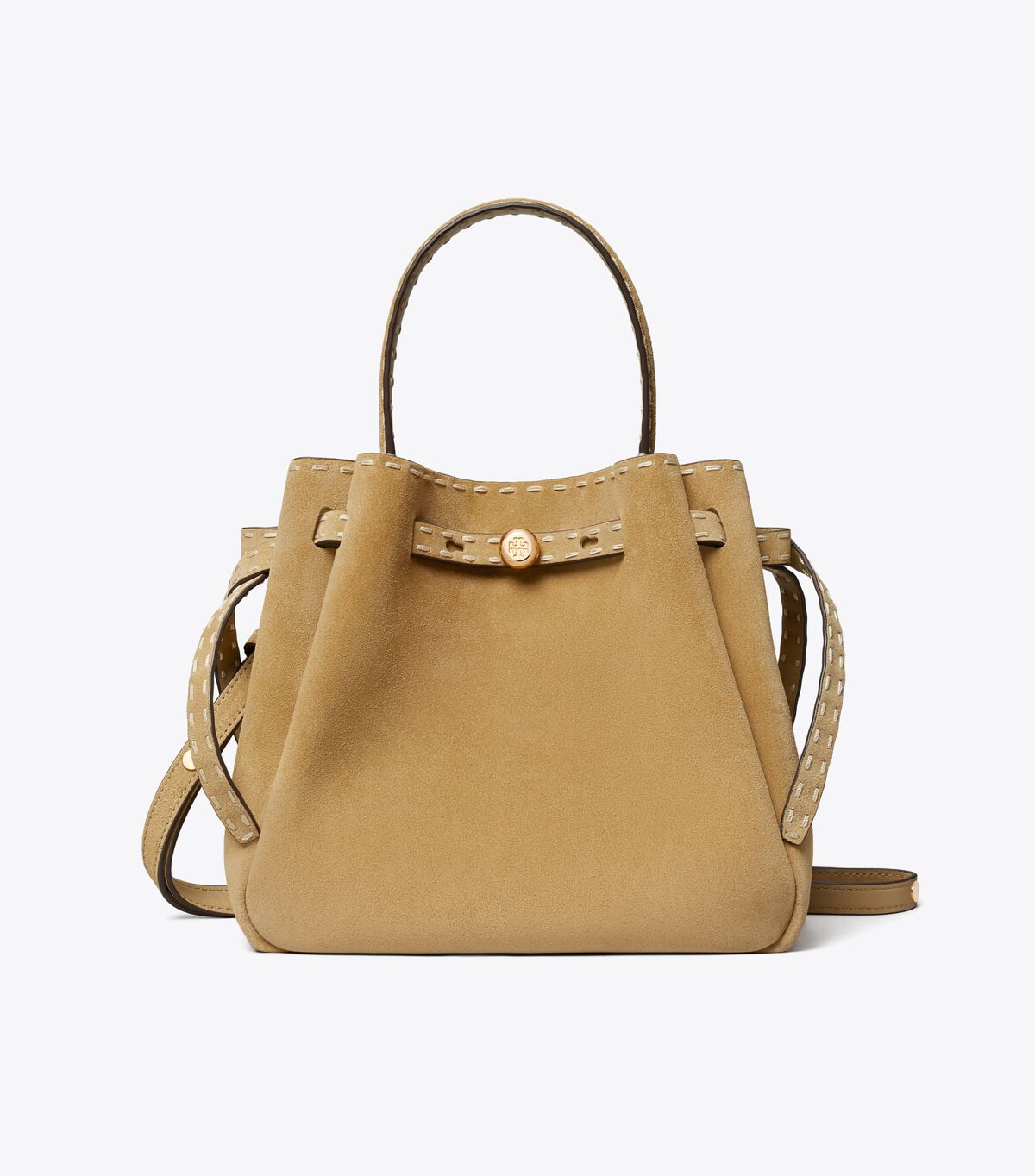 tory burch romy suede pick stitch bucket bag