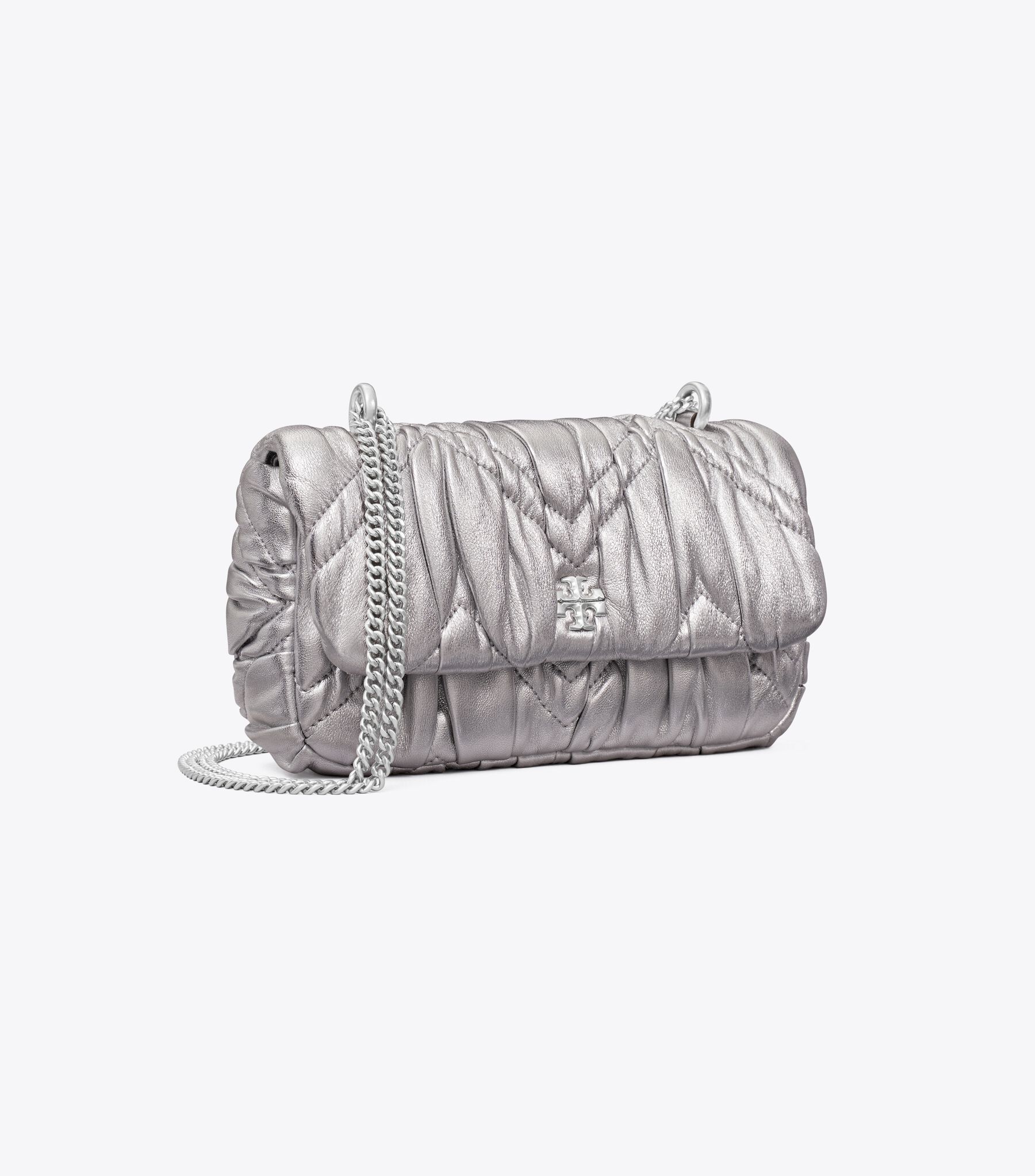 Mini Kira Metallic Diamond Ruched Flap Bag, Silver | Tory Burch KW