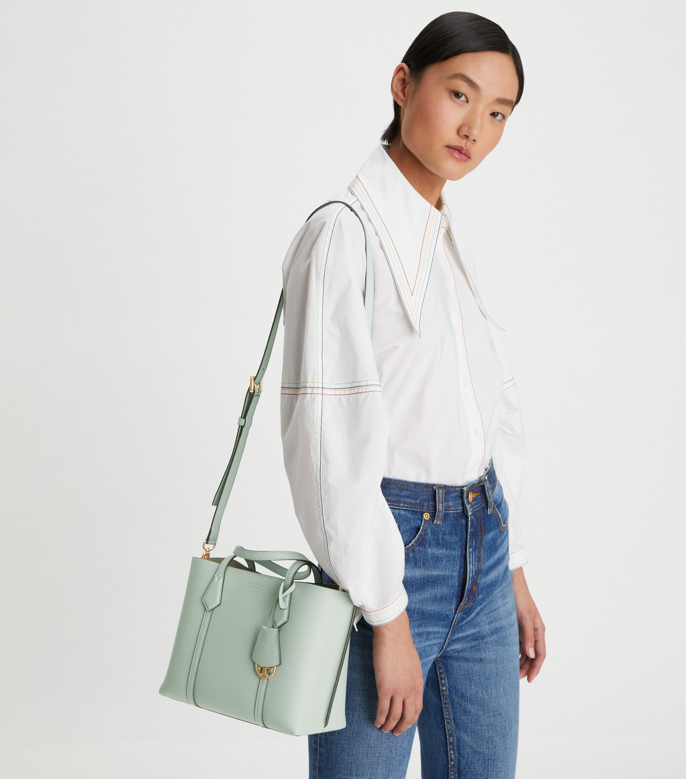 Small Perry Triple-Compartment Tote Bag, Blue Celadon | Tory Burch KW