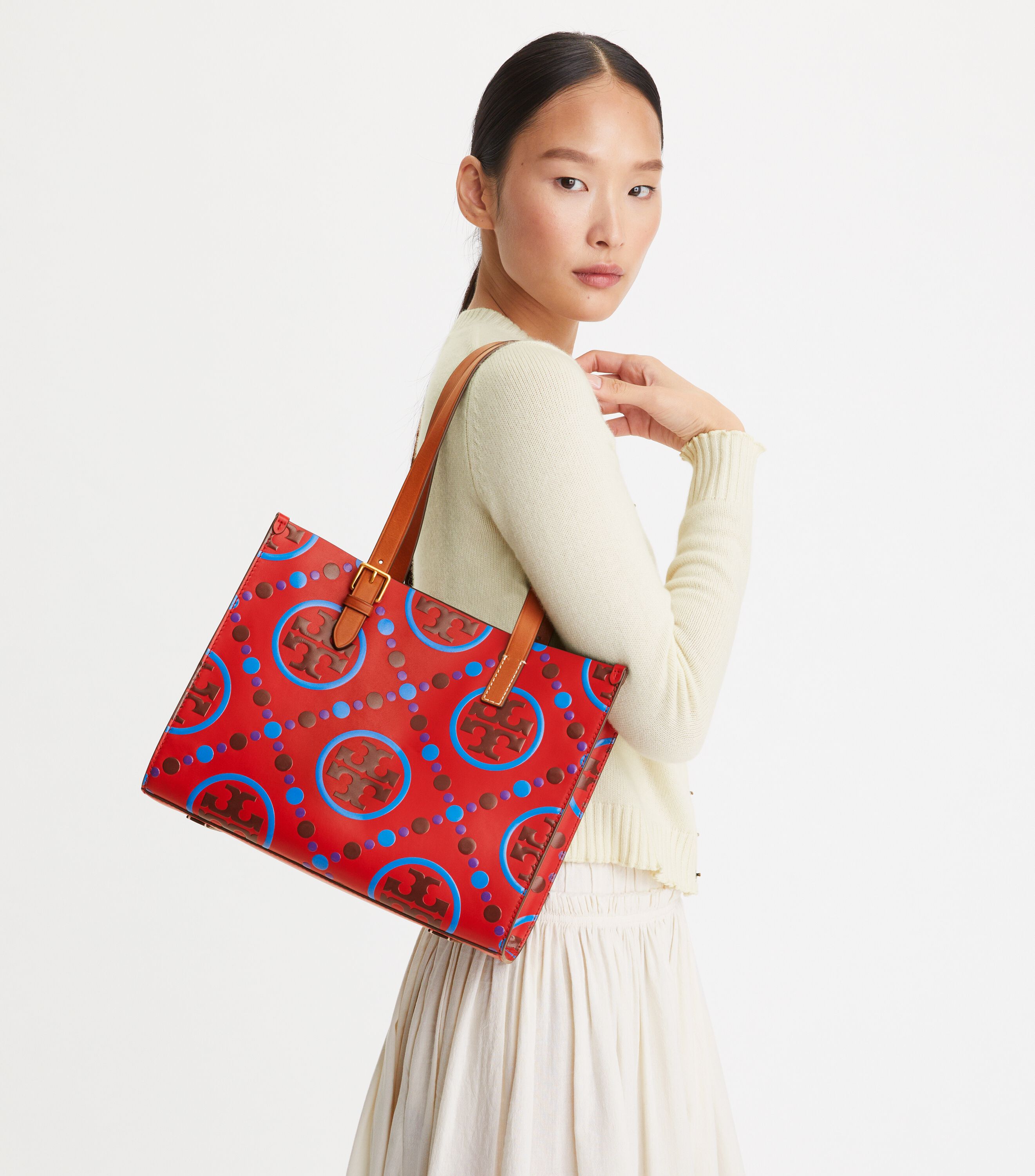 Small T Monogram Contrast Embossed Tote Handbags Tory Burch