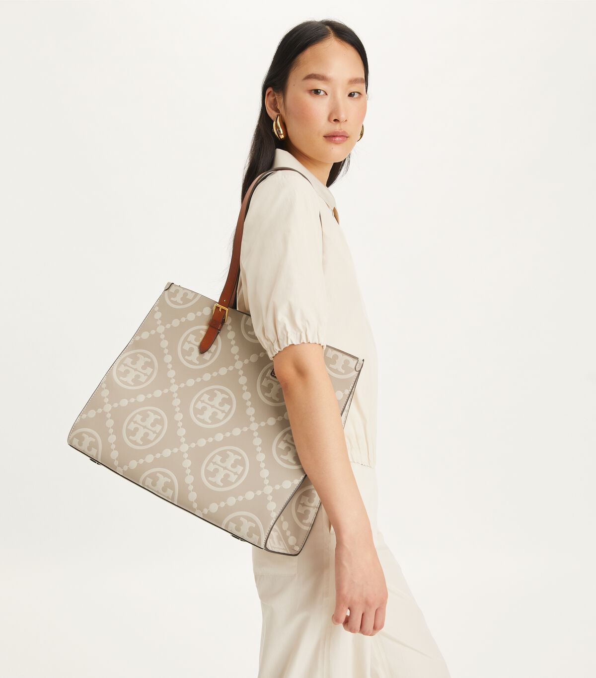 tory burch t monogram contrast embossed tote