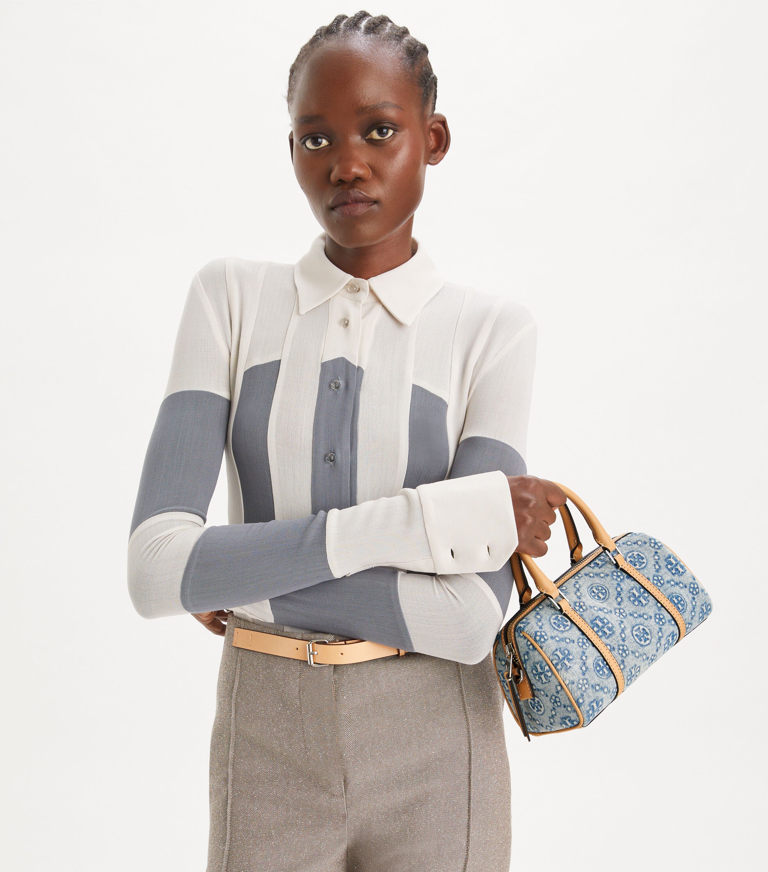 T Monogram Denim Petite Barrel Bag, Powder Blue | Tory Burch KW