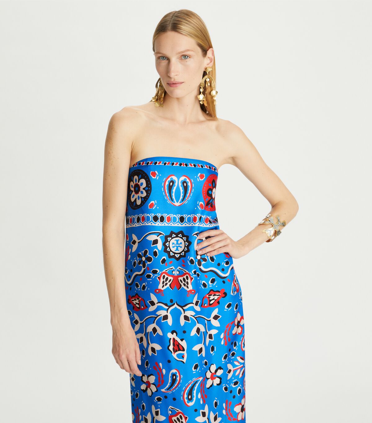 tory burch printed silk strapless dress