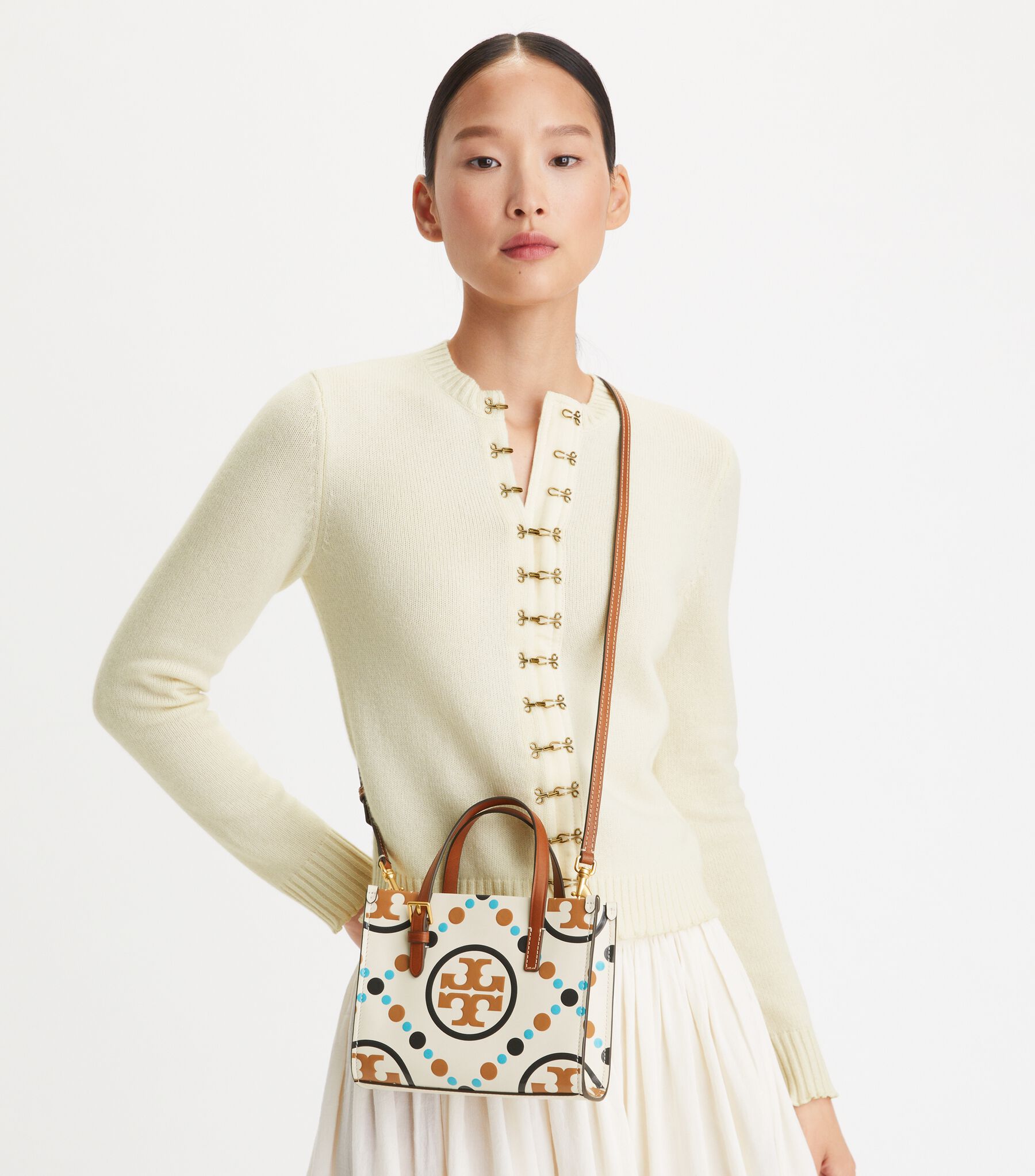 Mini T Monogram Contrast Embossed Square Tote, New Ivory | Tory 