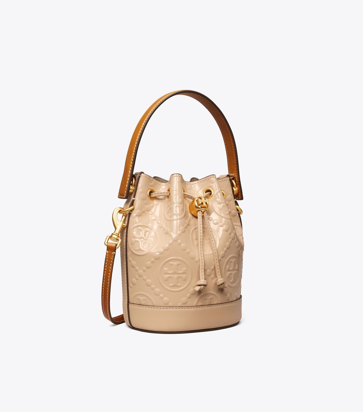 tory burch t monogram patent embossed mini bucket bag