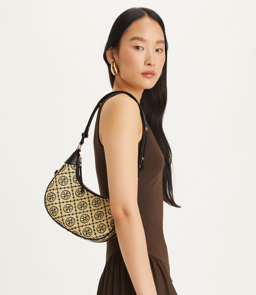 tory burch t monogram raffia crescent bag