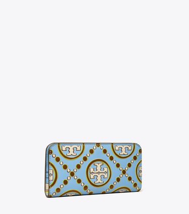T Monogram Contrast Embossed Zip Slim Wallet