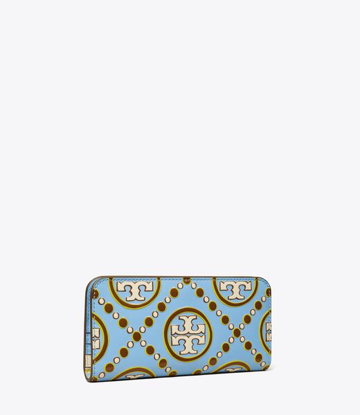 T Monogram Contrast Embossed Zip Slim Wallet
