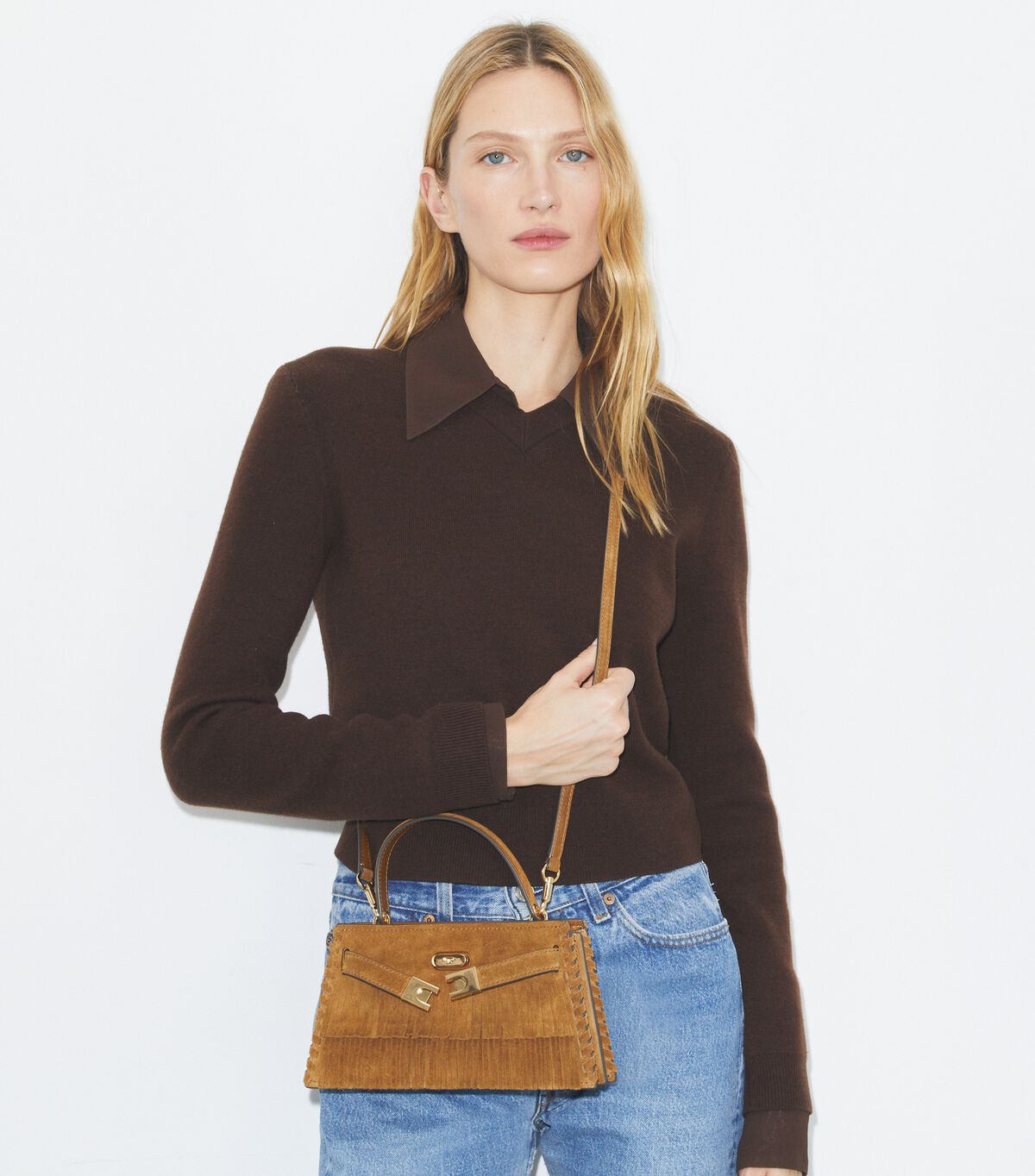 tory burch حقيبة ميني لي رادزيويل من جلد الغزال ومقبض علوي