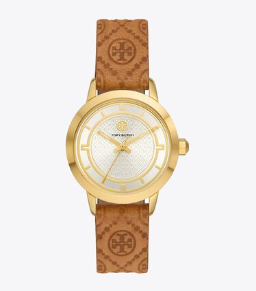 T MONOGRAM TORY WATCH, LUGGAGE LEATHER/GOLD-TONE STAINLESS STEEL, 32 X 42MM