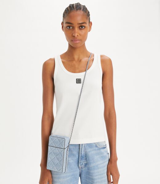 tory burch fleming denim print suede phone crossbody
