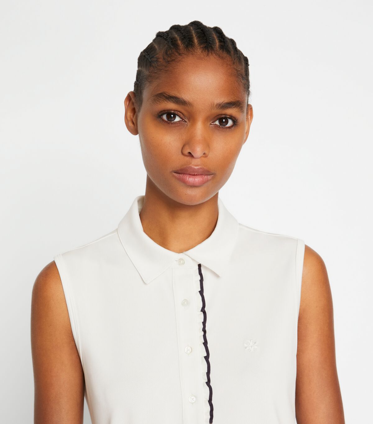 tory burch tech piqu sleeveless ruffle polo