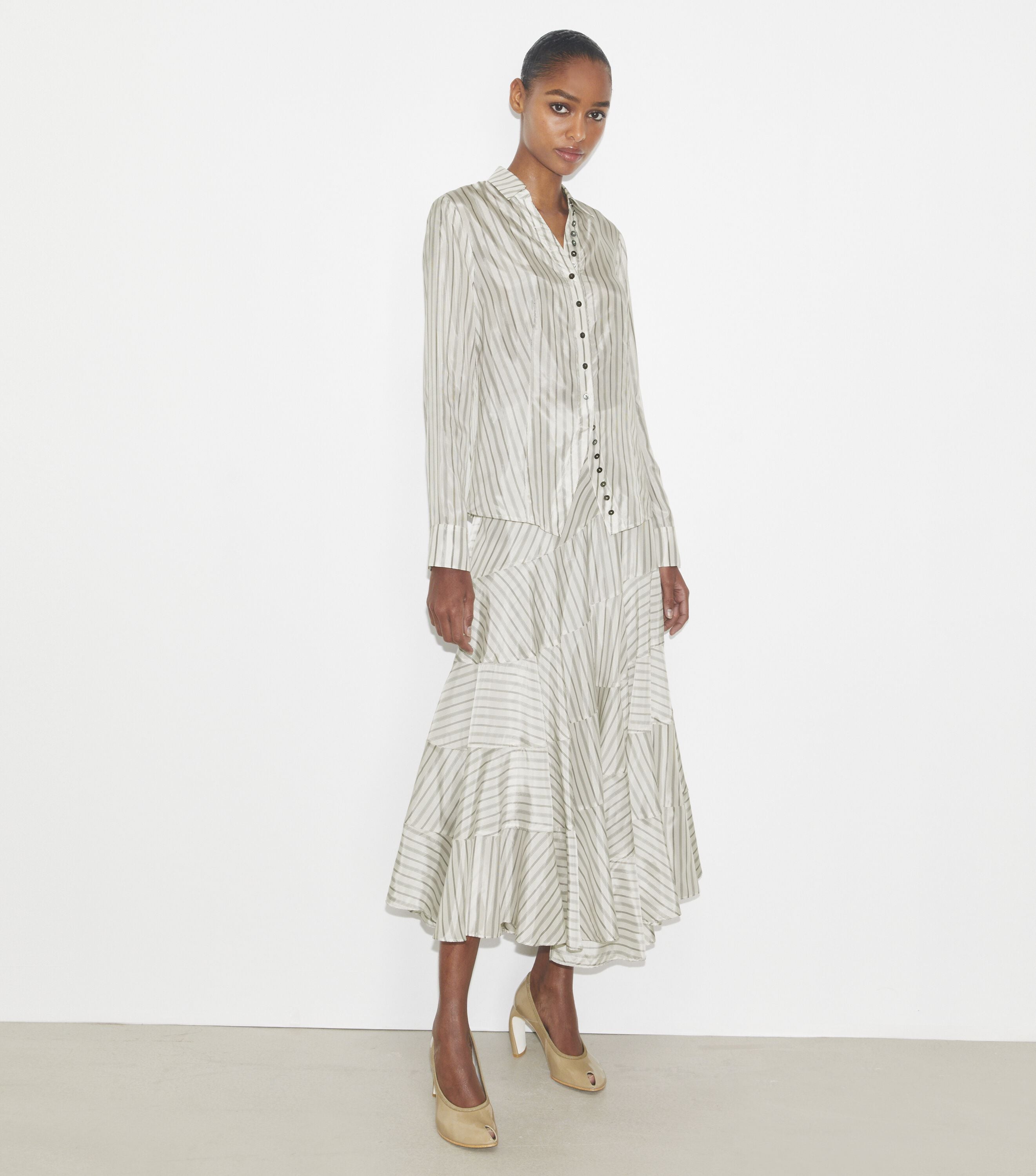 Asymmetrical Viscose Skirt, White/Gray/Black Helios Striped Lining