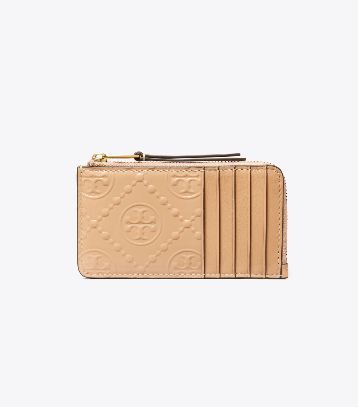 tory burch t monogram patent embossed zip card case