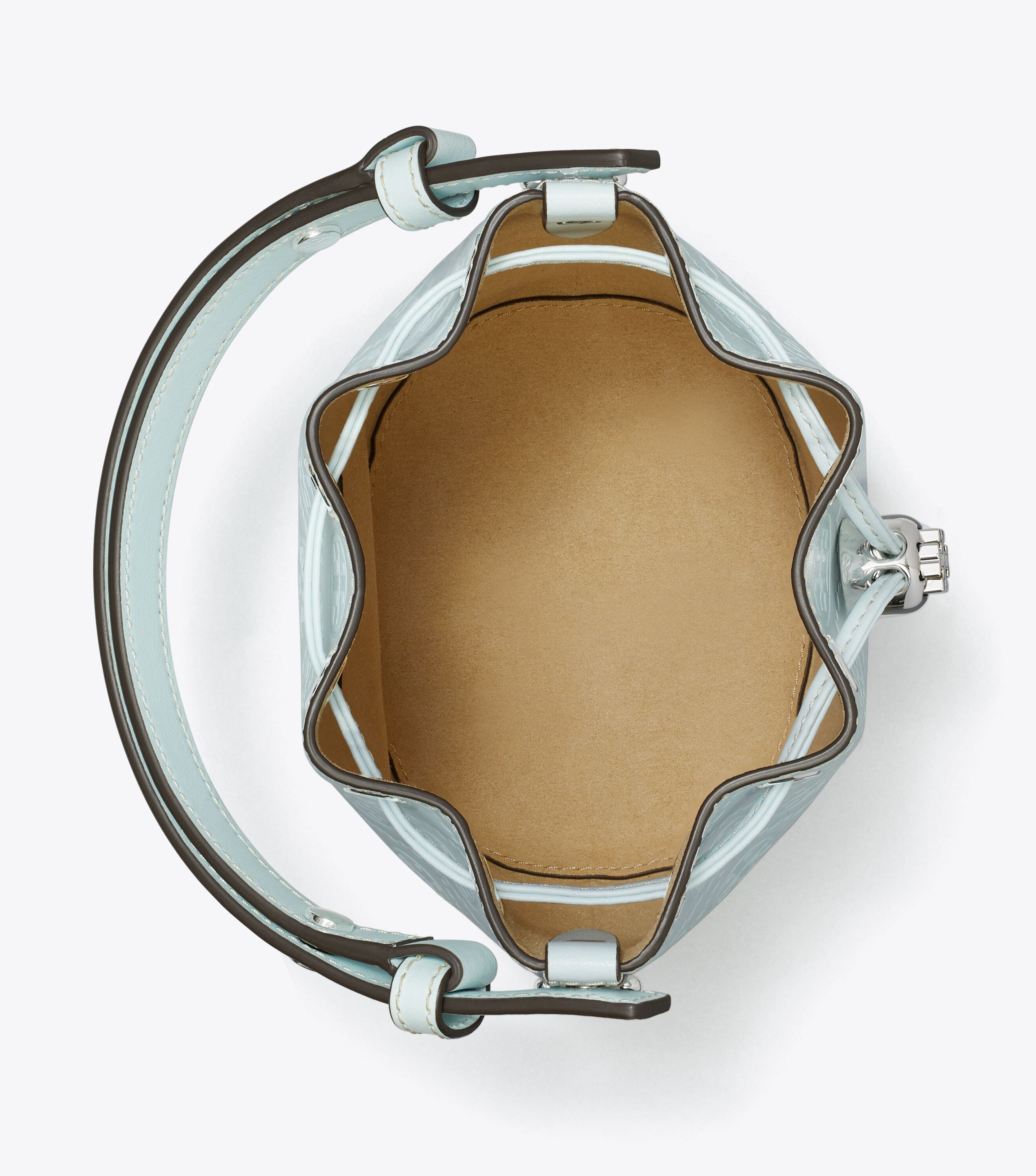 T Monogram Leather Mini Bucket Bag, Ice Blue | Tory Burch KW T Monogram Leather Mini Bucket Bag, Ice Blue | Tory Burch KW