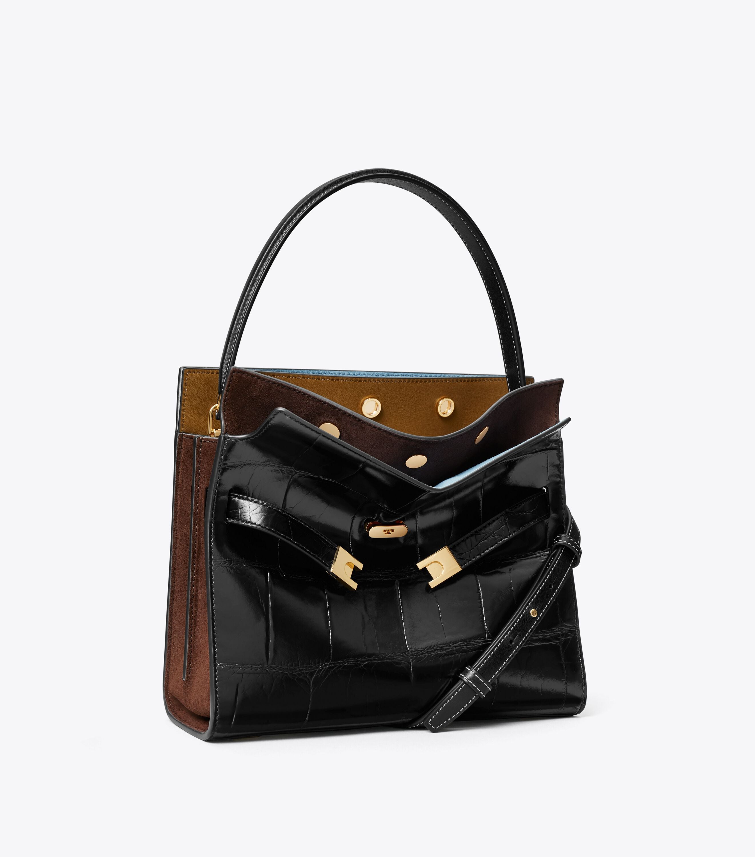 Small Lee Radziwill Croc-Embossed Double Bag, Black | Tory Burch KW