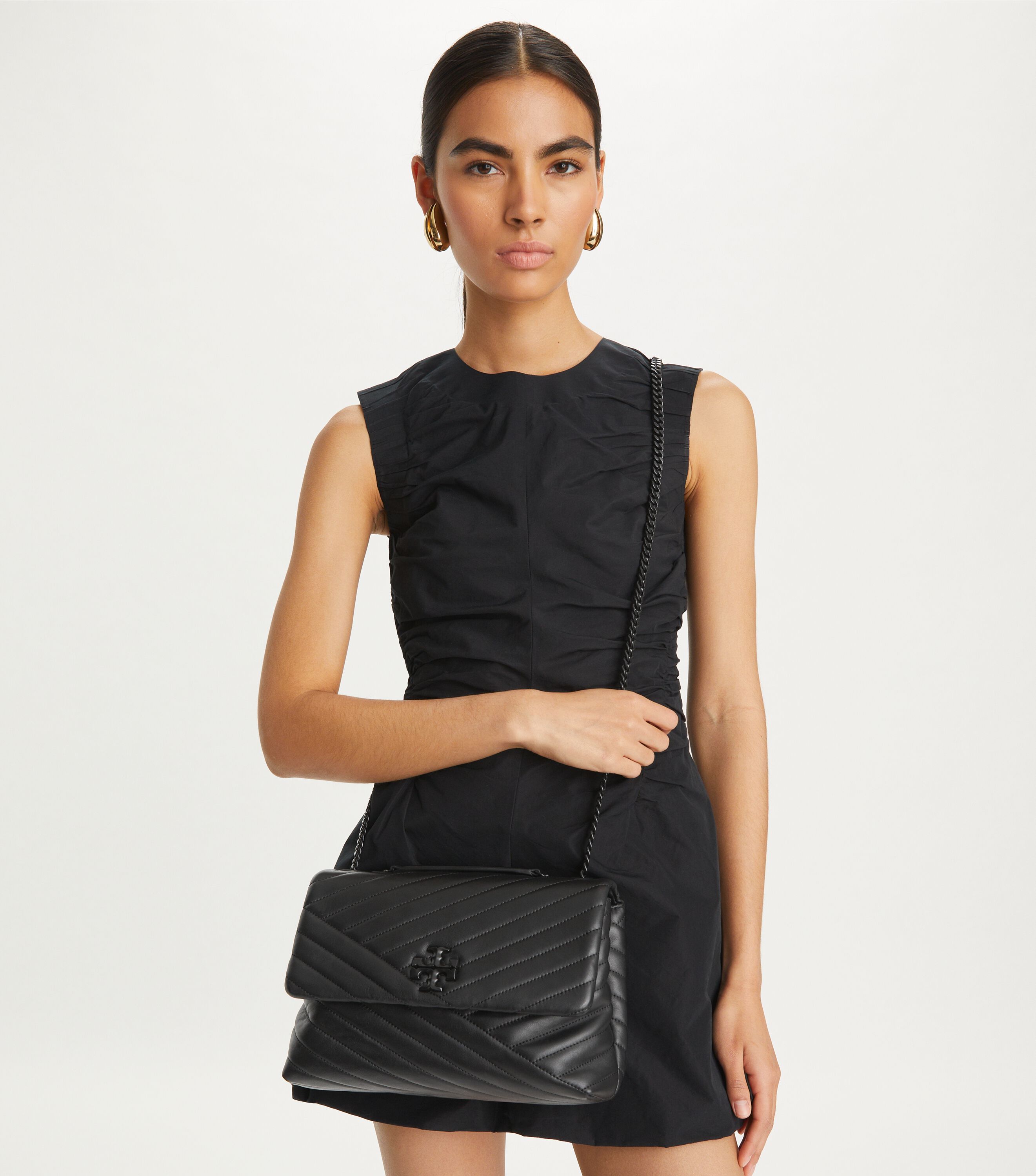 Kira Chevron Convertible Shoulder Bag, Black / Silver | Tory Burch KW