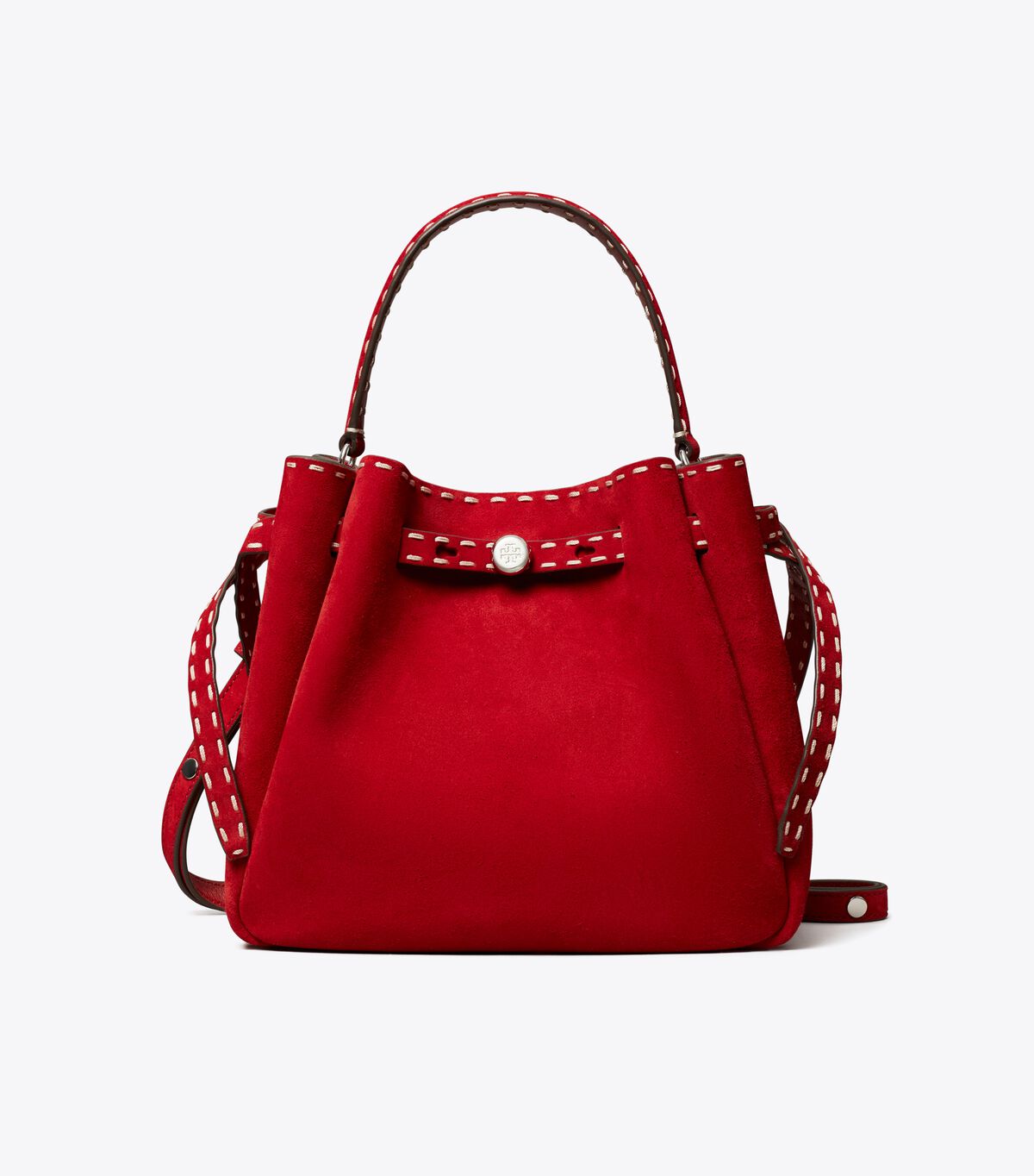 tory burch romy suede pick stitch bucket bag
