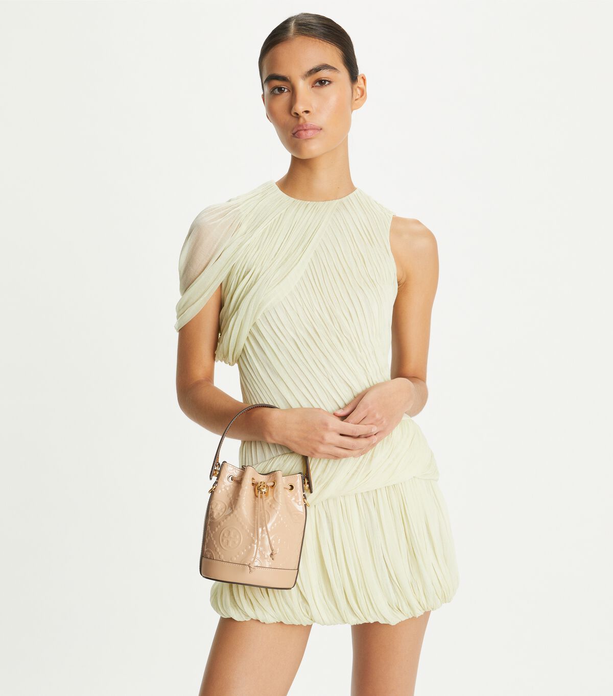 tory burch t monogram patent embossed mini bucket bag