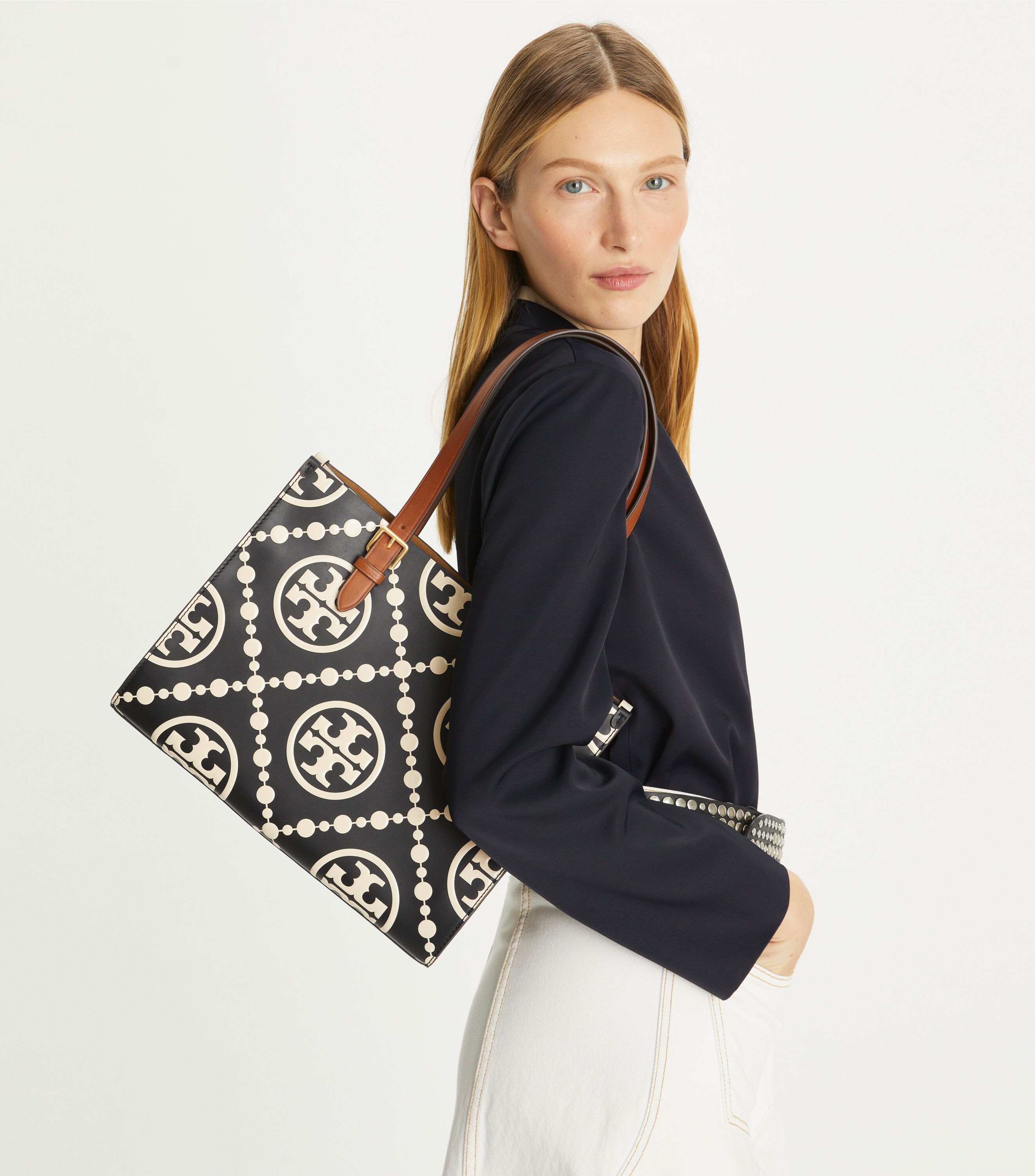 Small T Monogram Contrast Embossed Tote, Black | Tory Burch KW