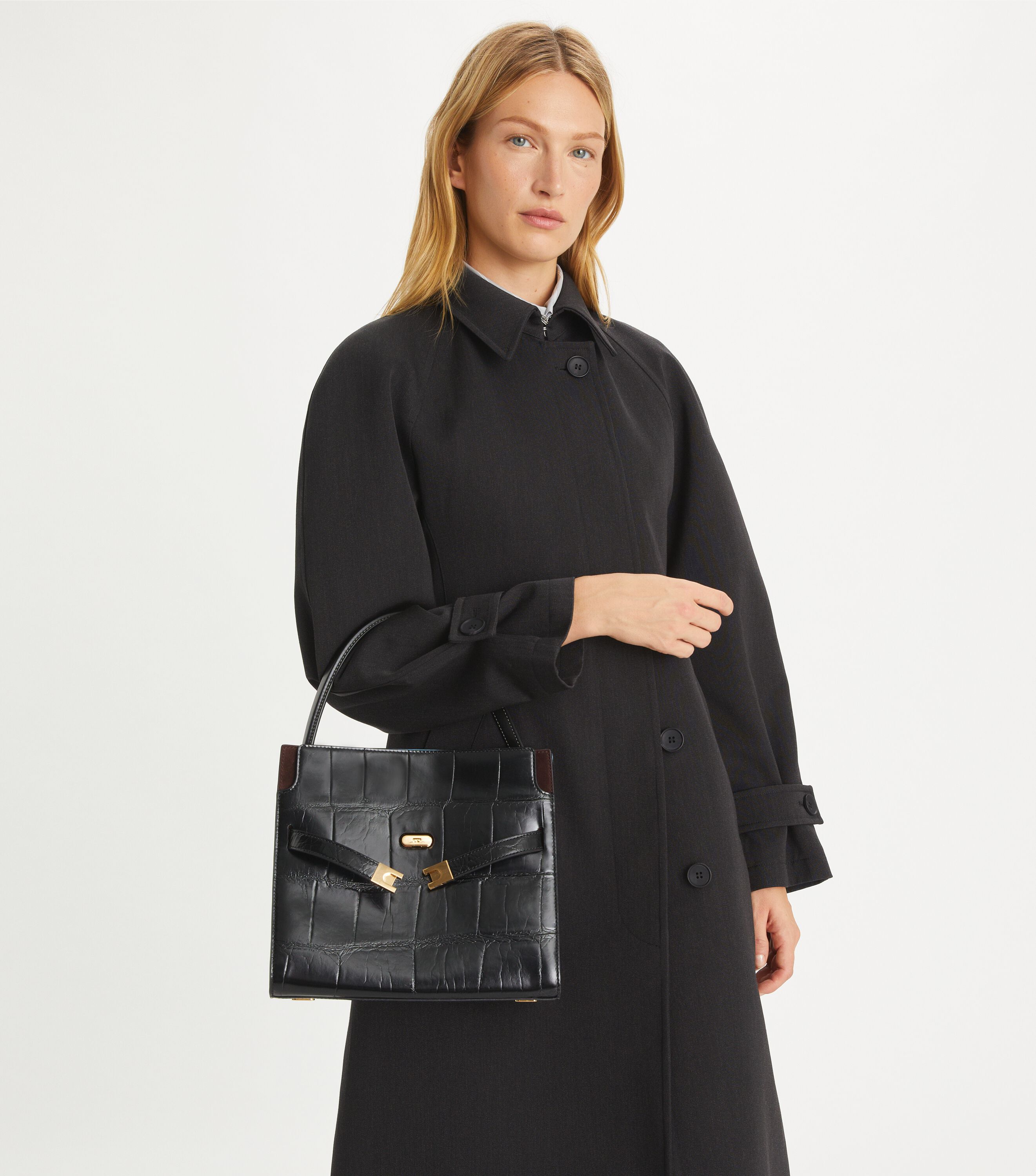 TORY BURCH 163035250 関税送料込 Small Lee Radziwill Croc-Embossed Double Bag, Black | Tory