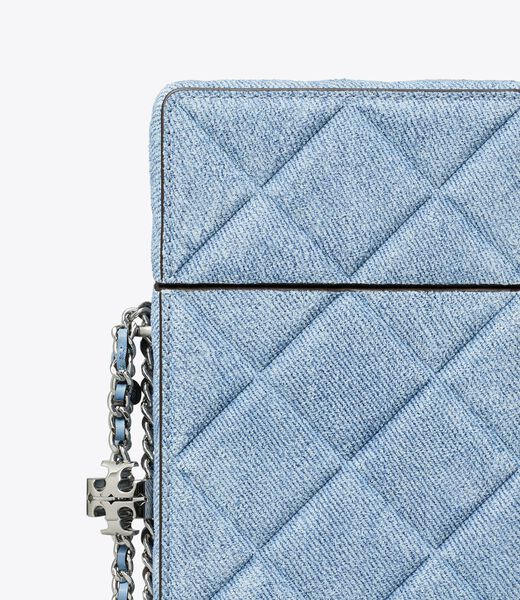 tory burch fleming denim print suede phone crossbody