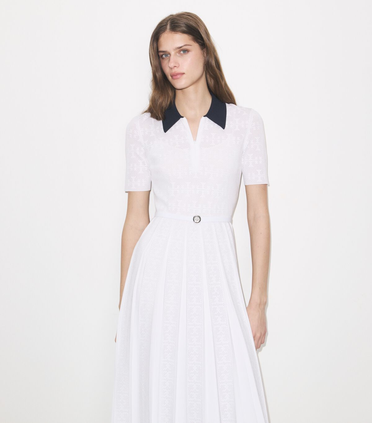 tory burch t monogram pointelle pleated dress