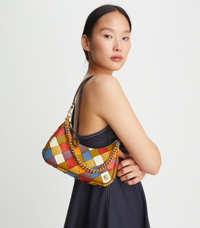 151 Mercer Woven Small Crescent Bag | Tory Burch KWT Navigation | Tory Burch
