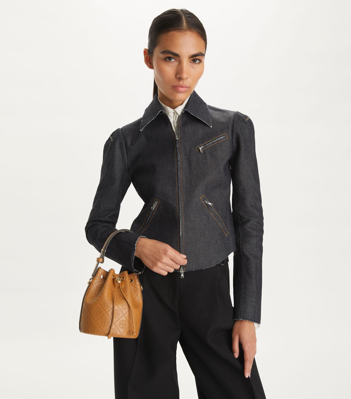 tory burch t monogram leather mini bucket bag